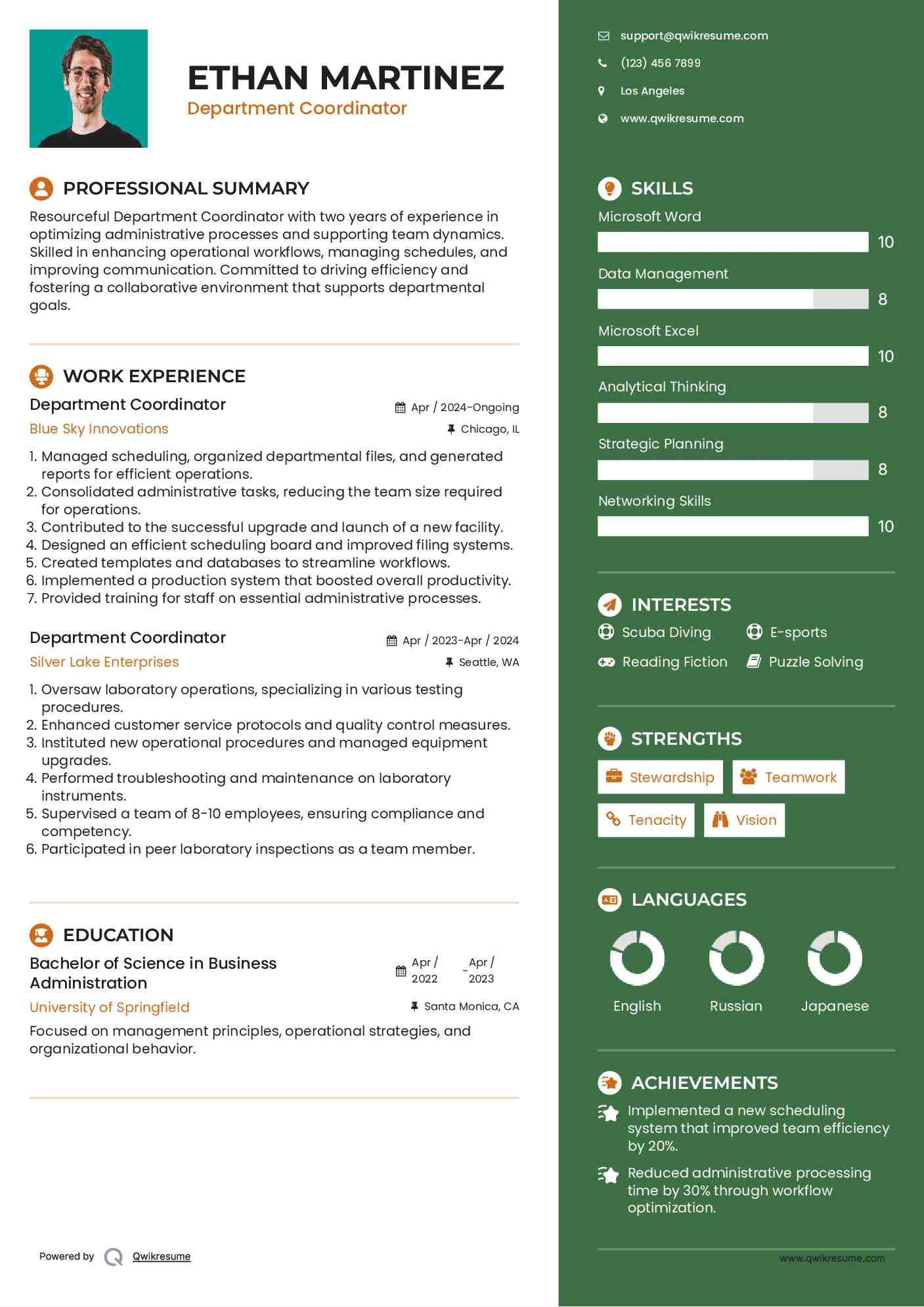 Department Coordinator Resume Example