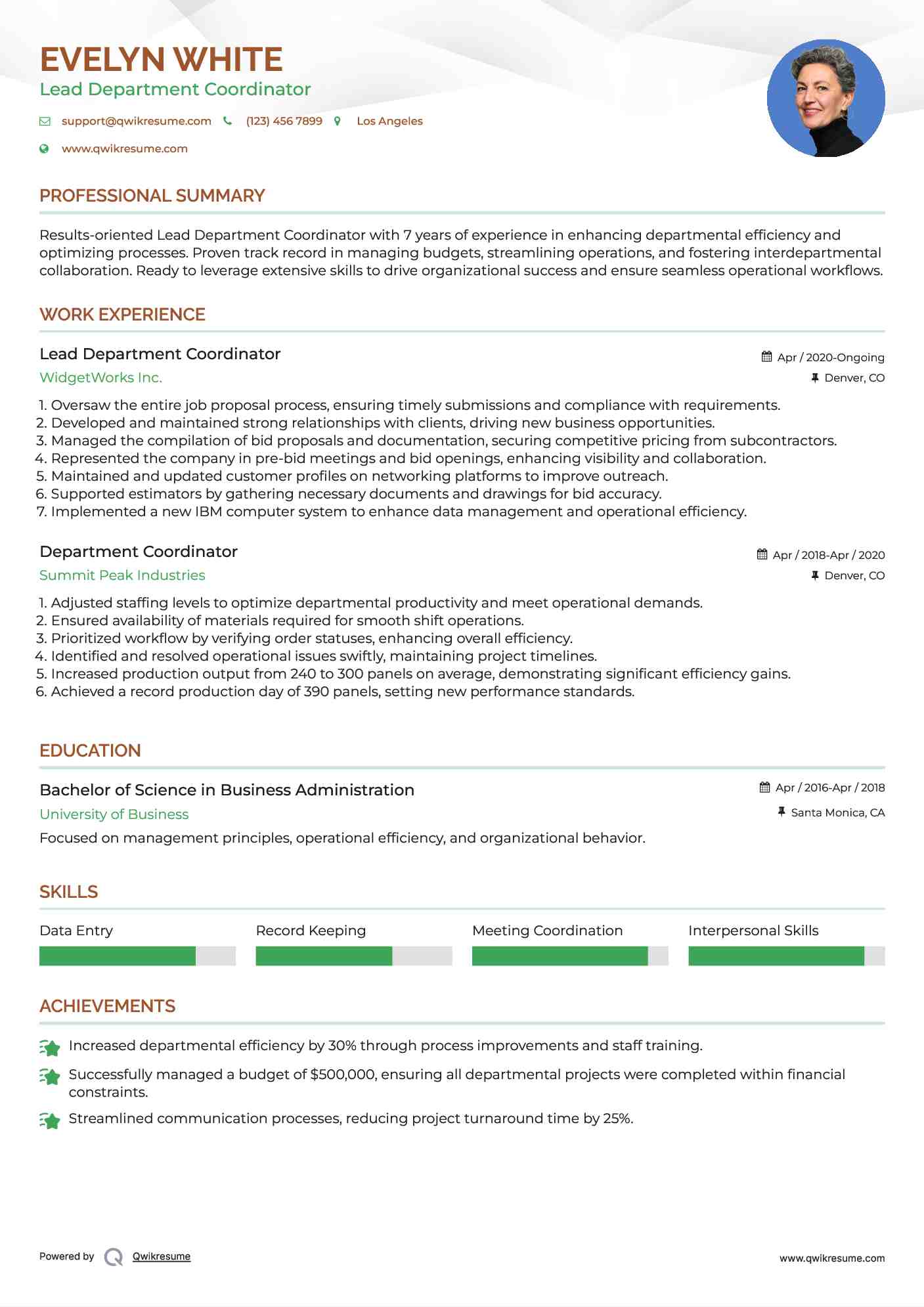 Lead Department Coordinator
 Resume Format