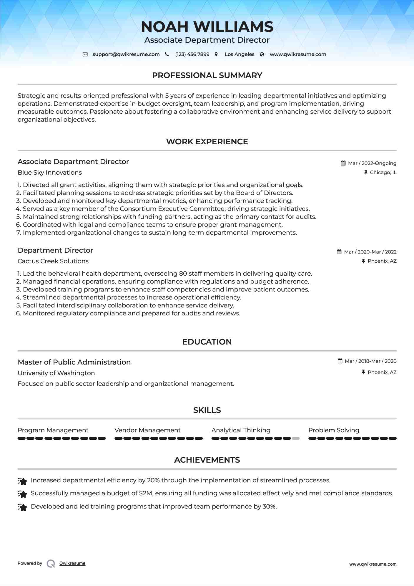 Associate Department Director Resume Example