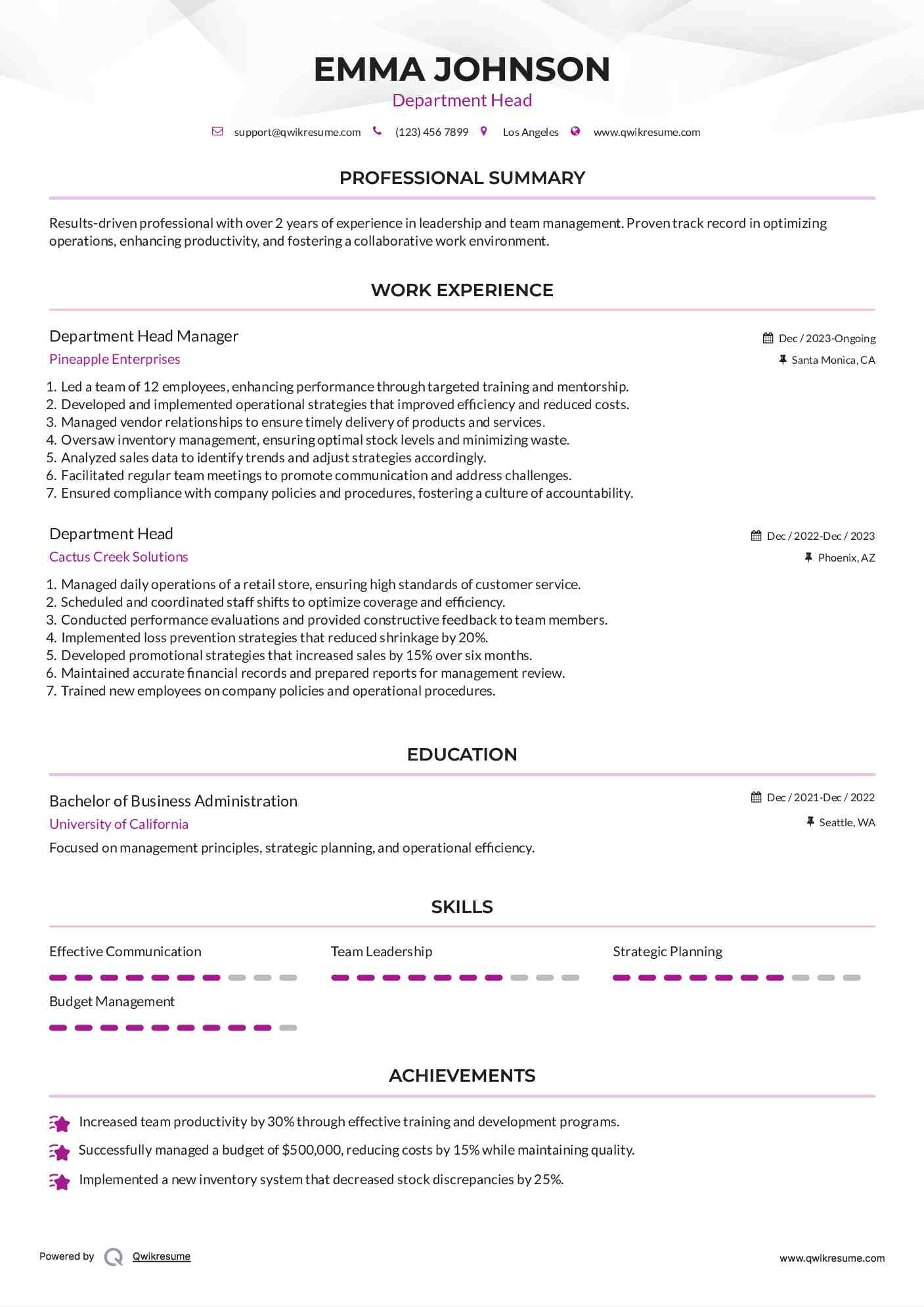 Department Head Manager Resume Model