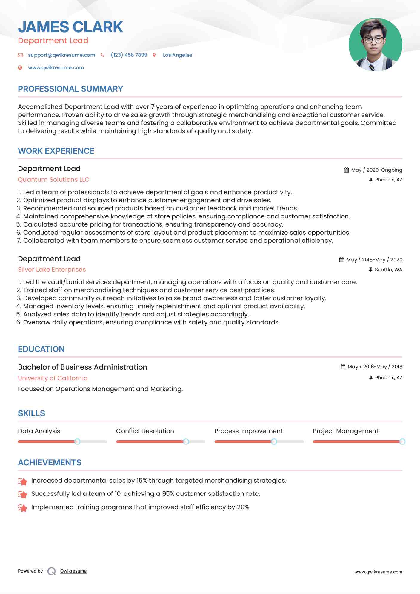 Department Lead Resume Example