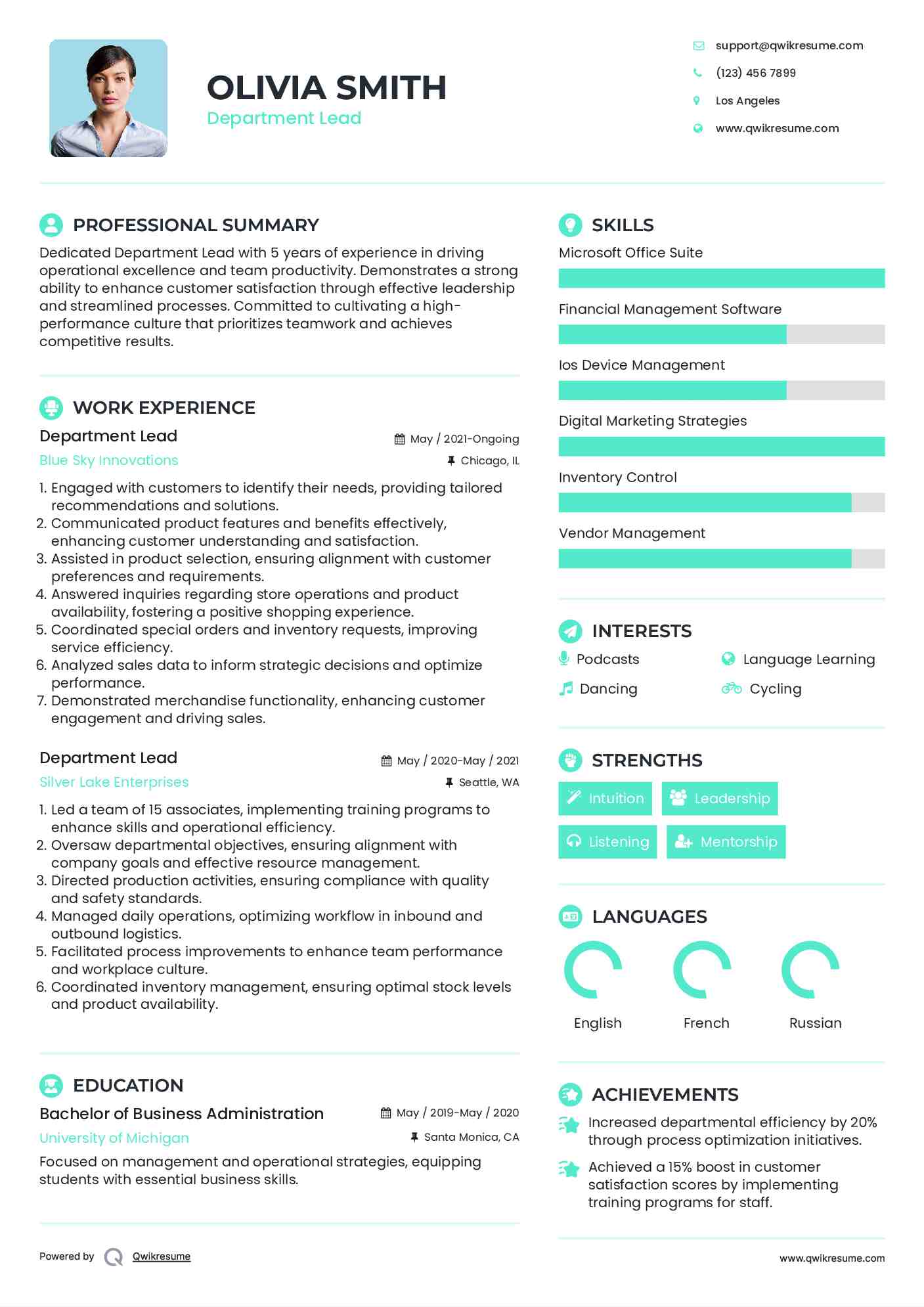Department Lead Resume Model