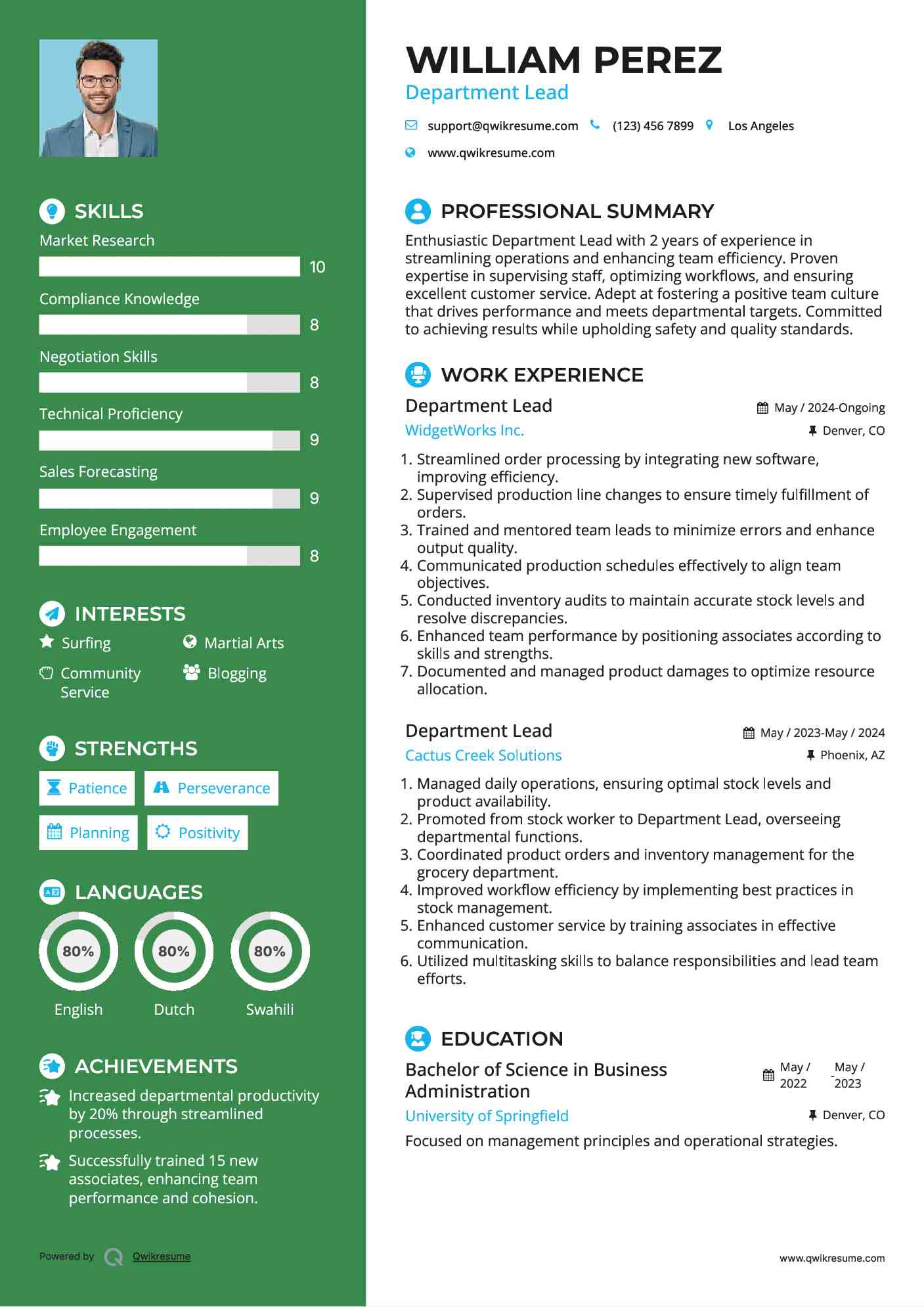 Department Lead Resume Example