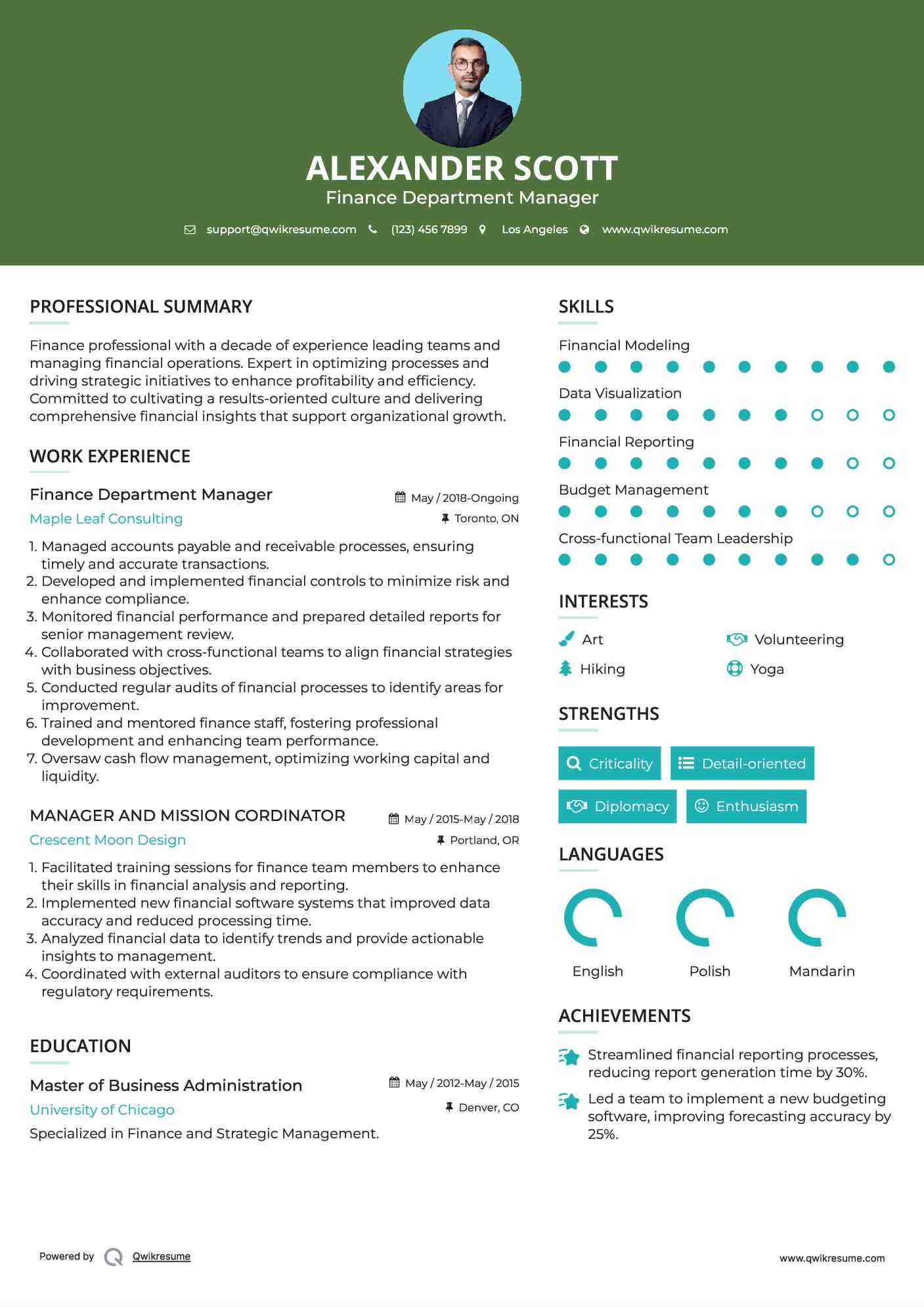 Finance Department Manager Resume Model