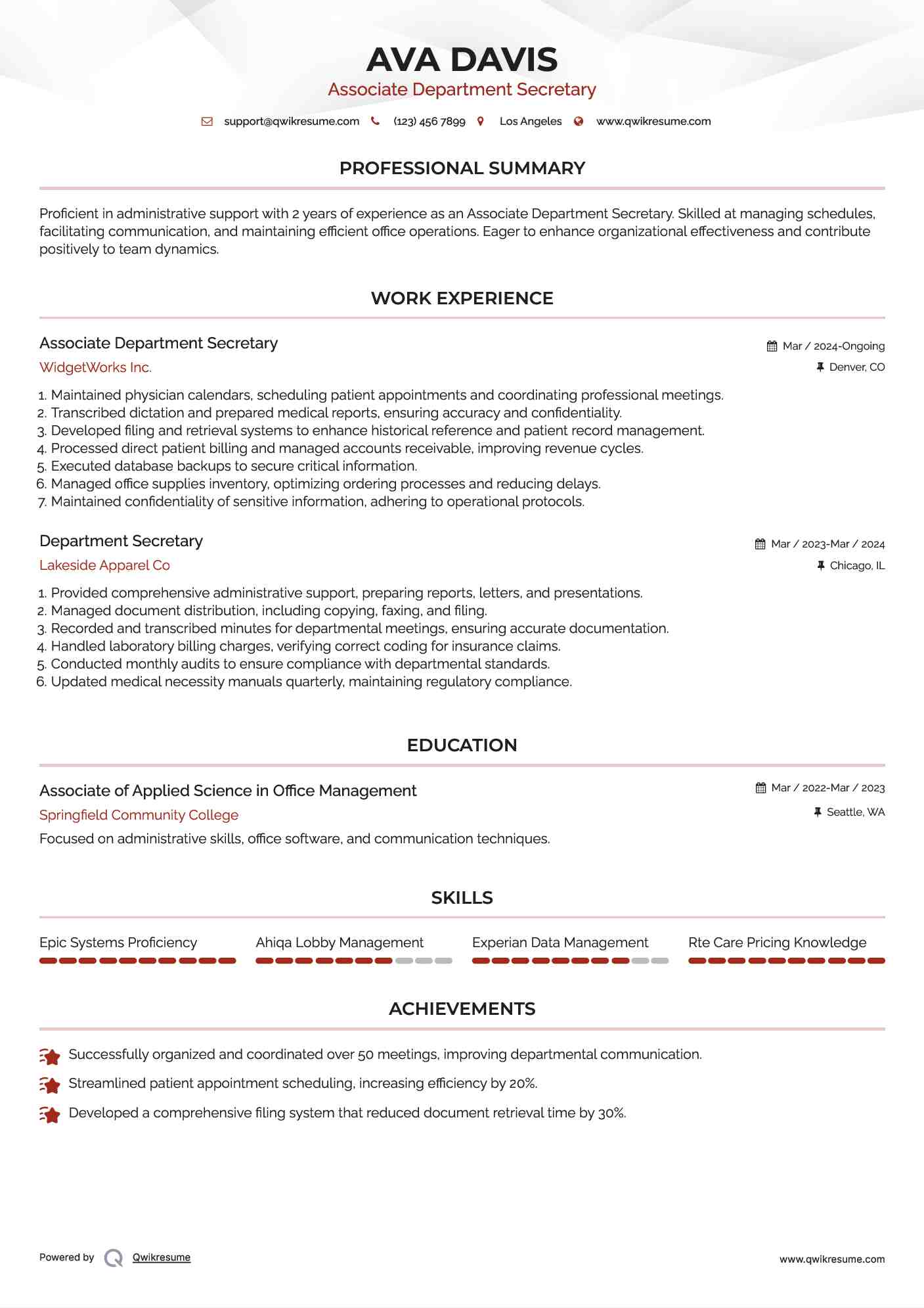 Associate Department Secretary  Resume Sample