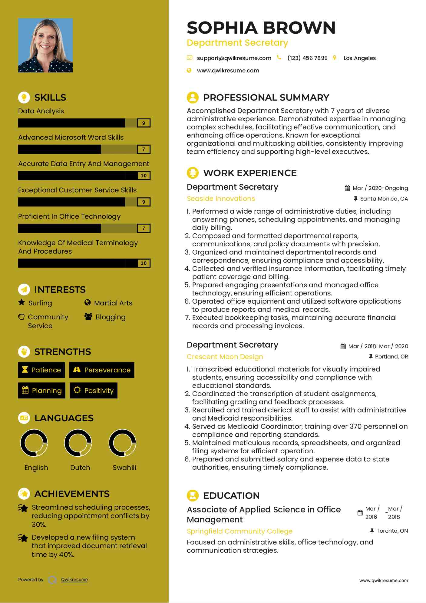 Department Secretary Resume Format