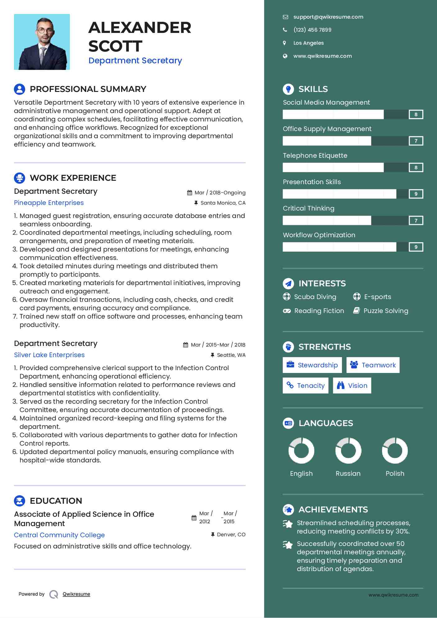 Department Secretary Resume Sample