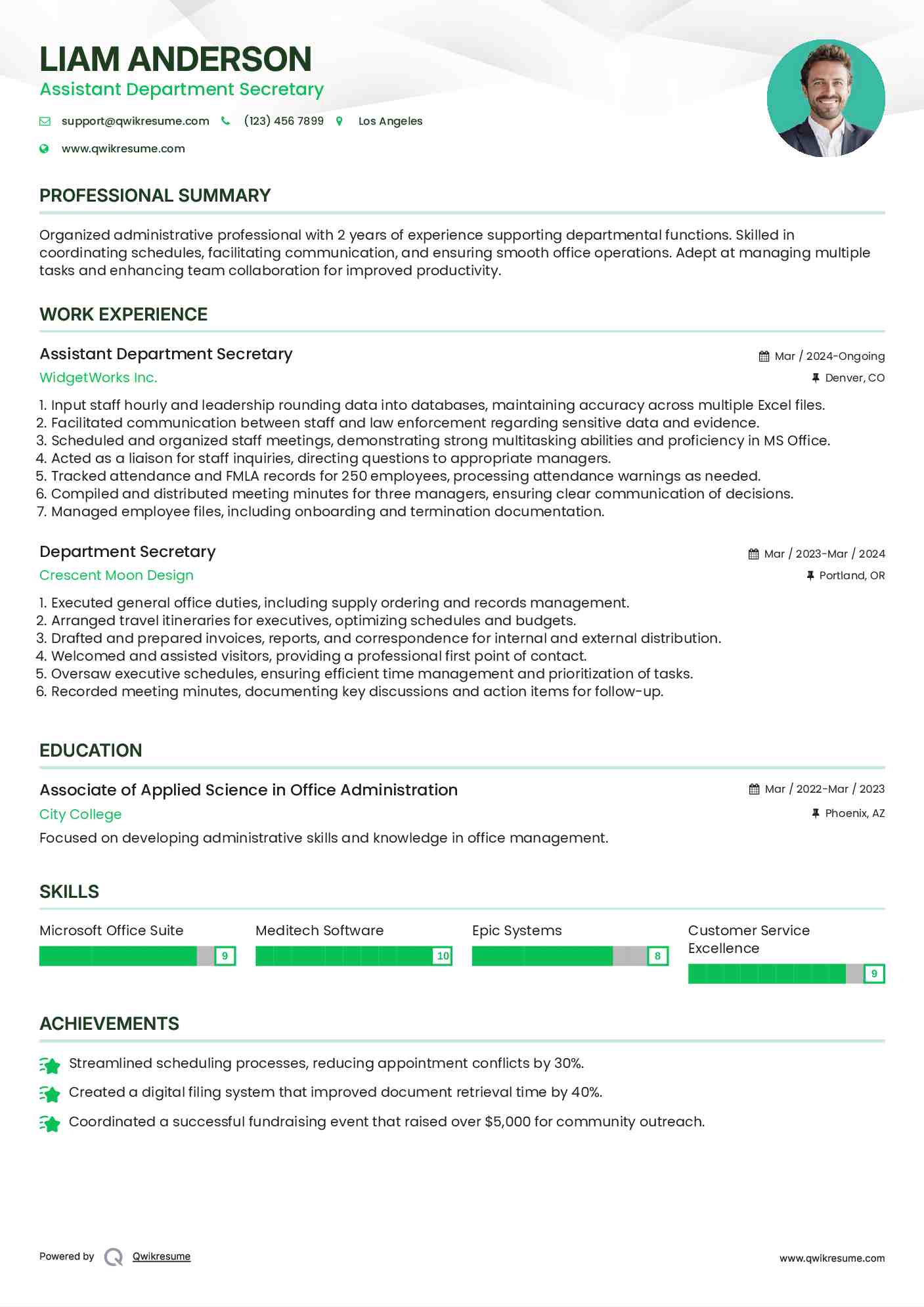Assistant Department Secretary  Resume Template