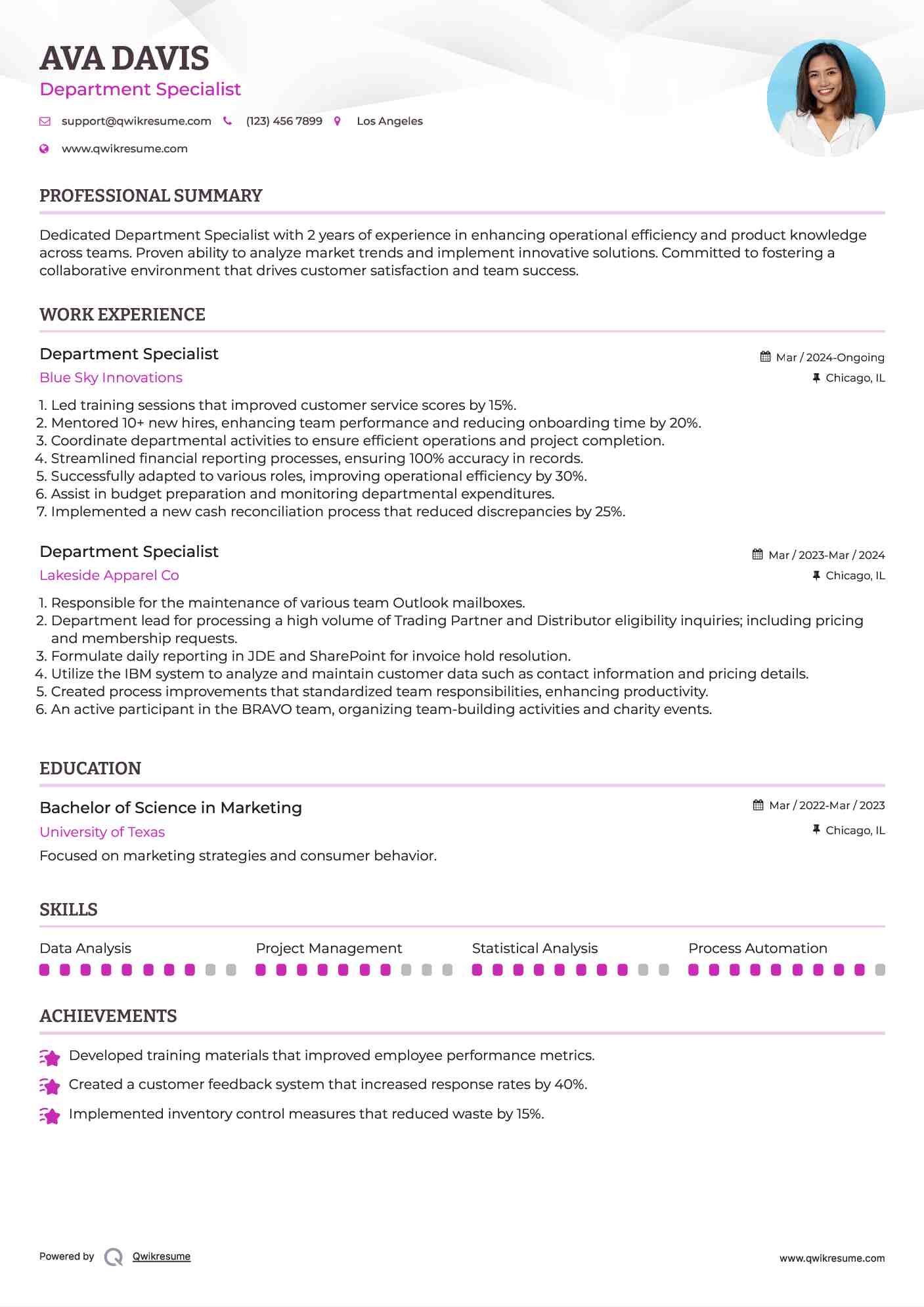 Department Specialist Resume Template