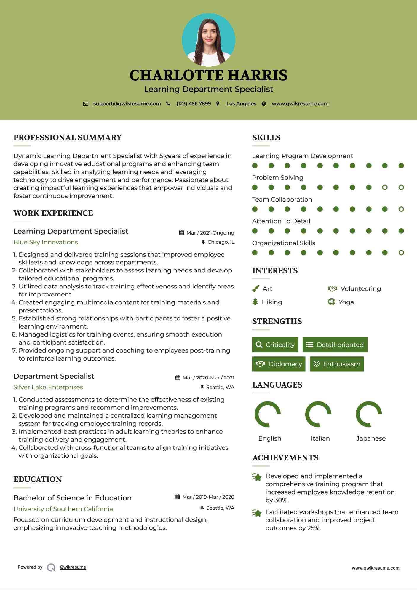Learning Department Specialist
 Resume Template