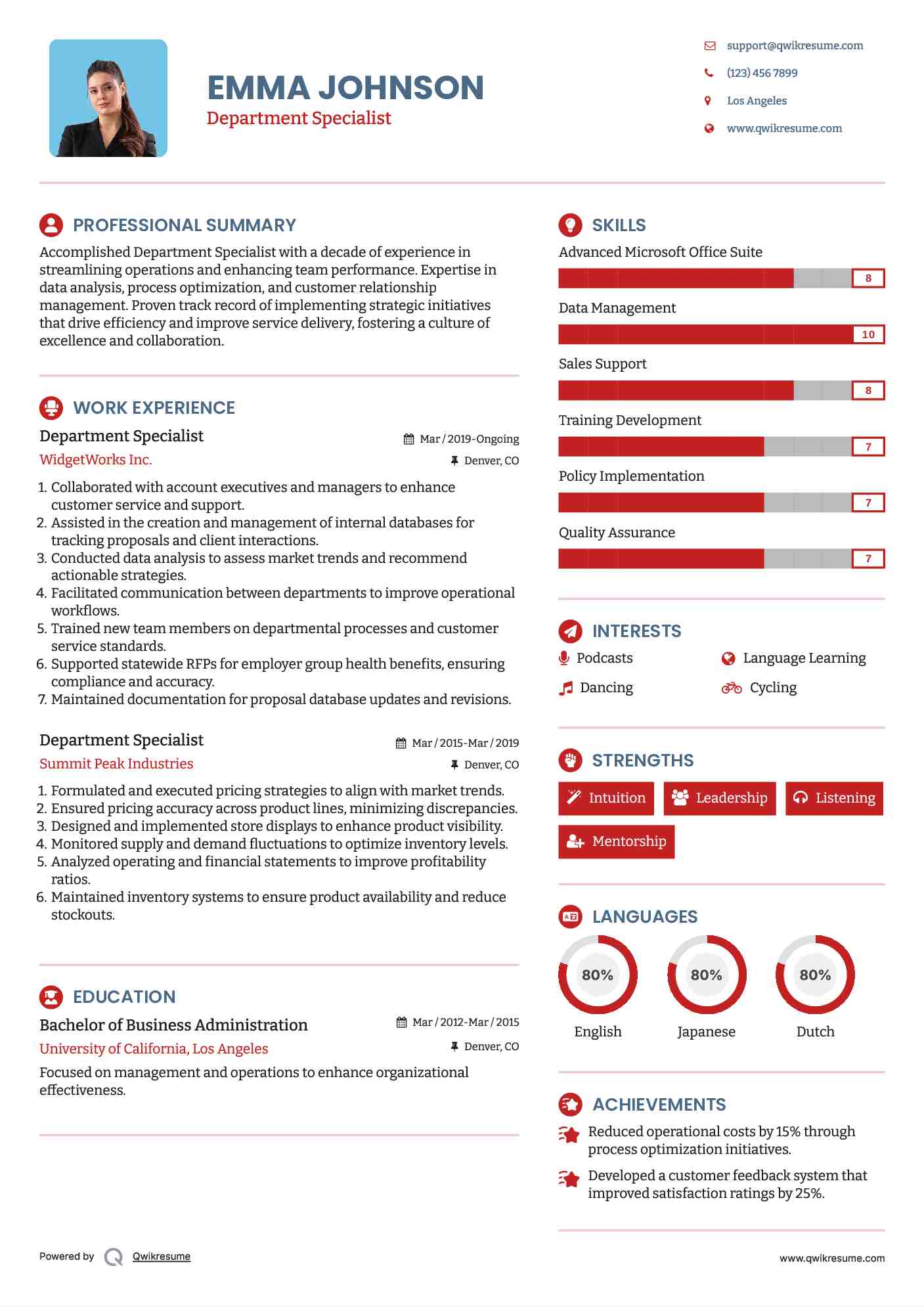 Department Specialist Resume Sample