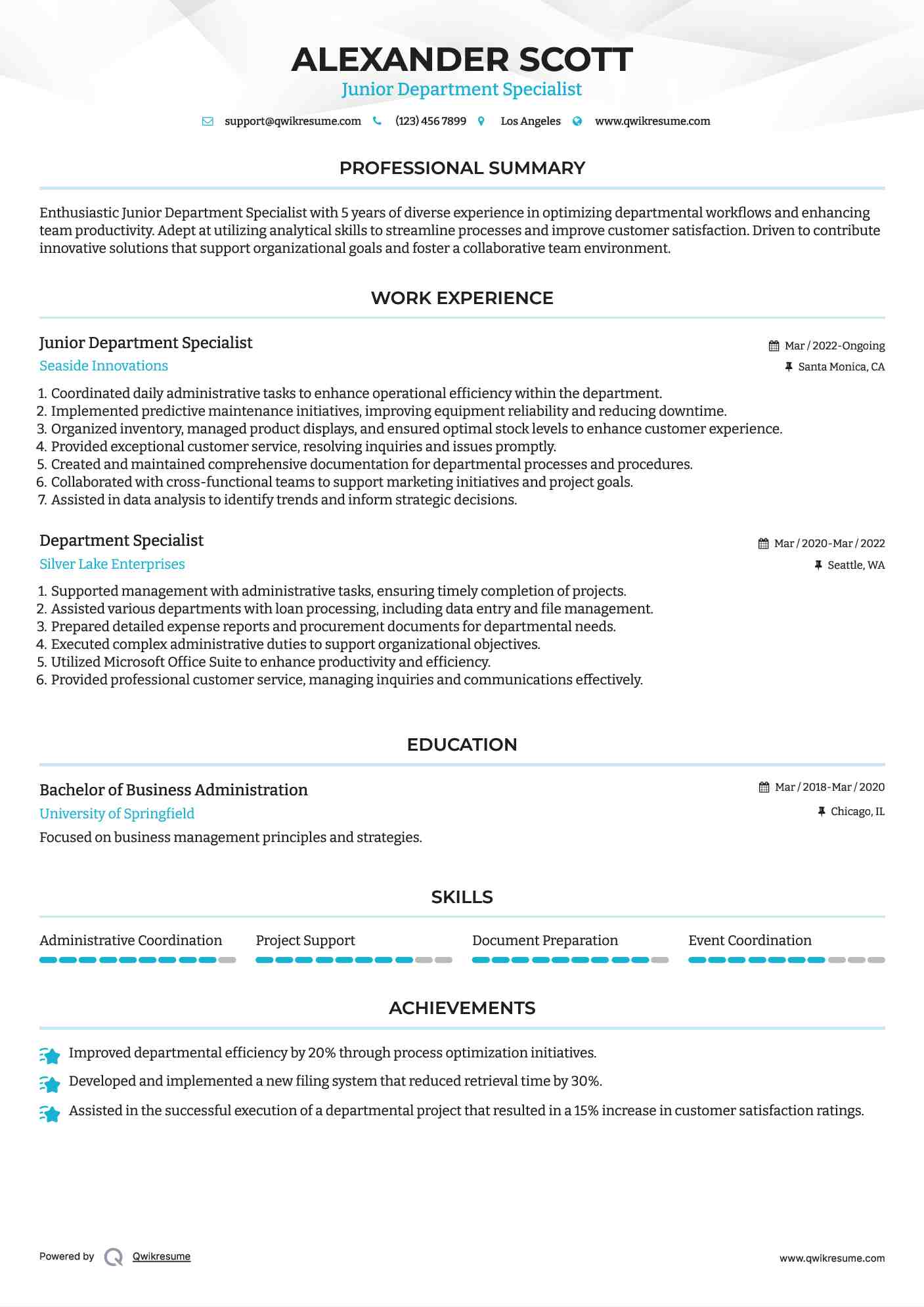 Junior Department Specialist Resume Format