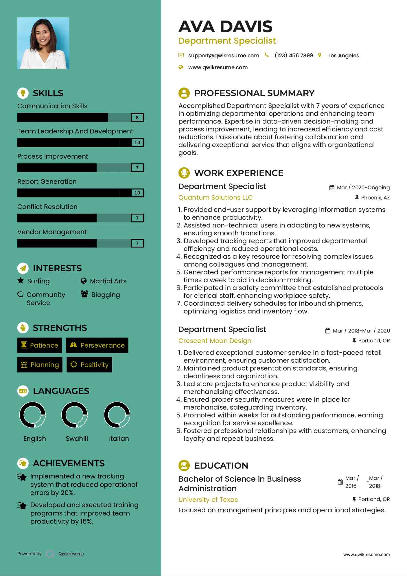 Department Specialist Resume Template