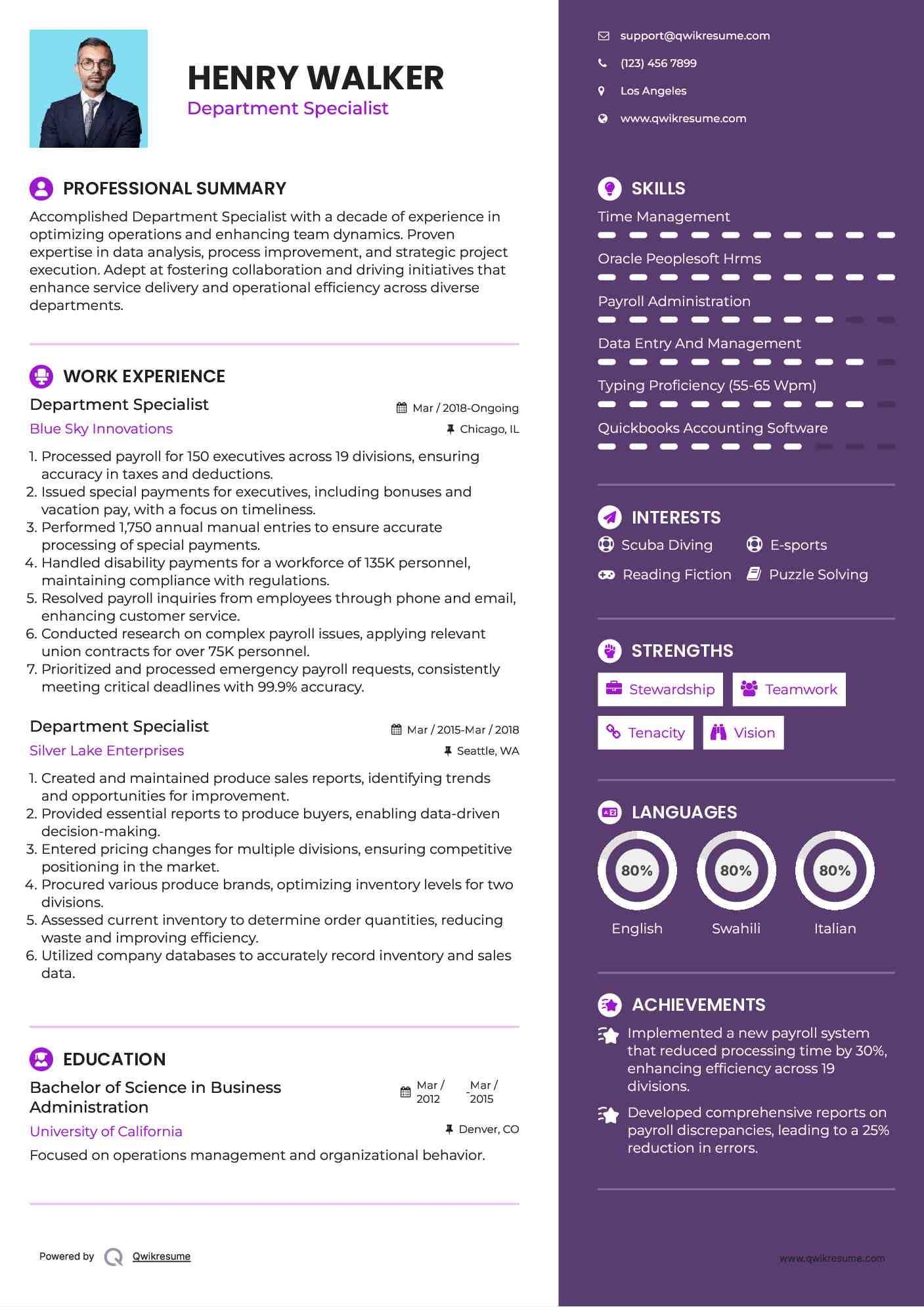 Department Specialist Resume Model