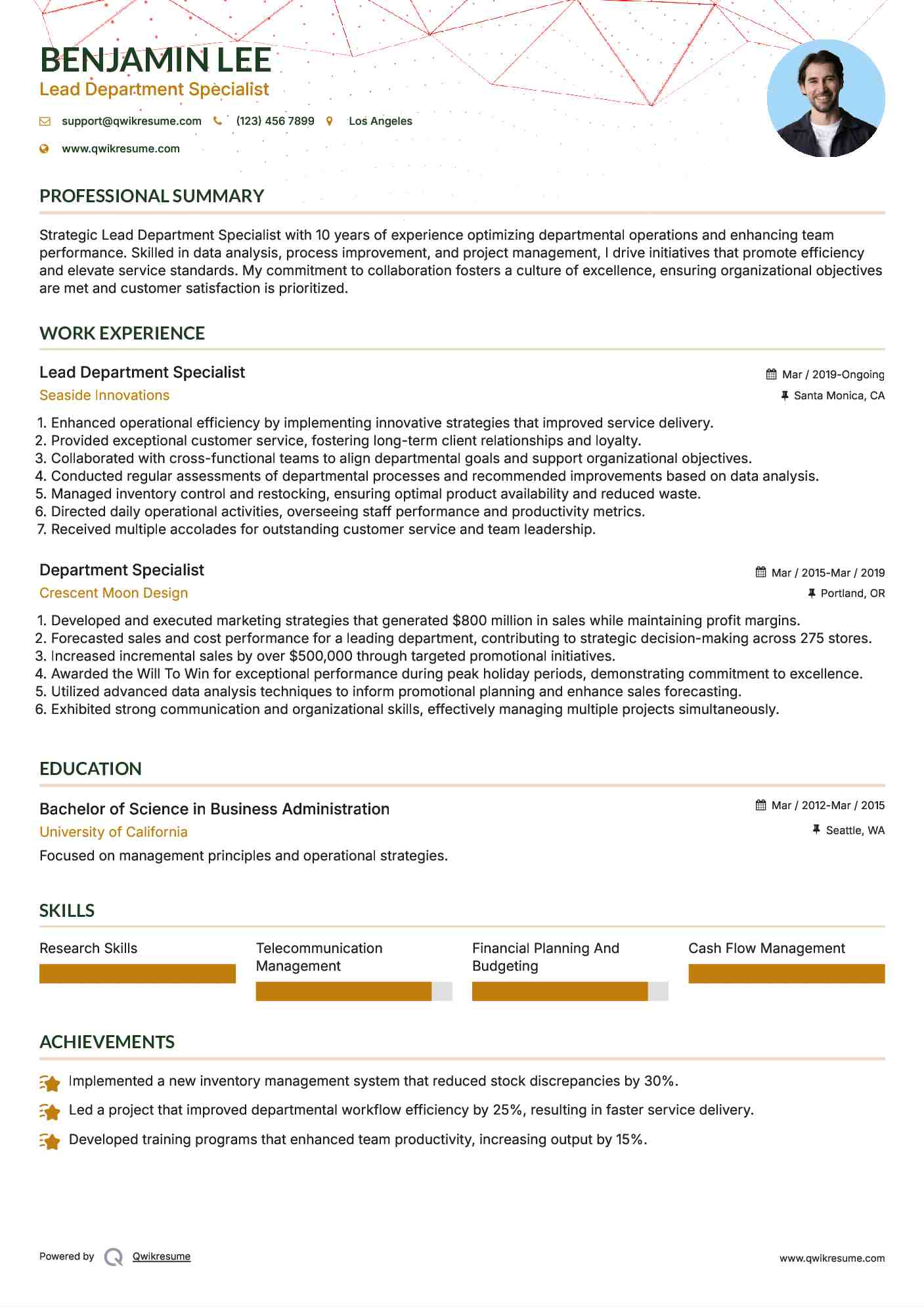 Lead Department Specialist  Resume Model