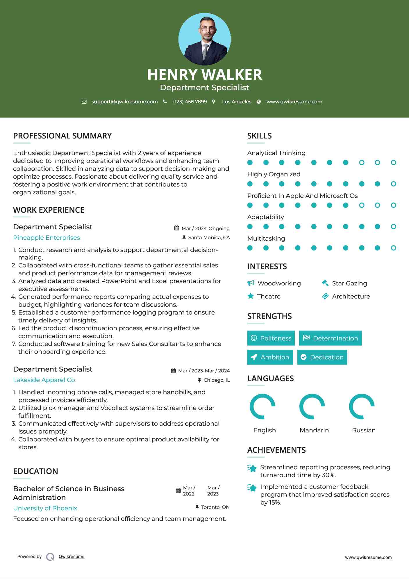 Department Specialist Resume Format