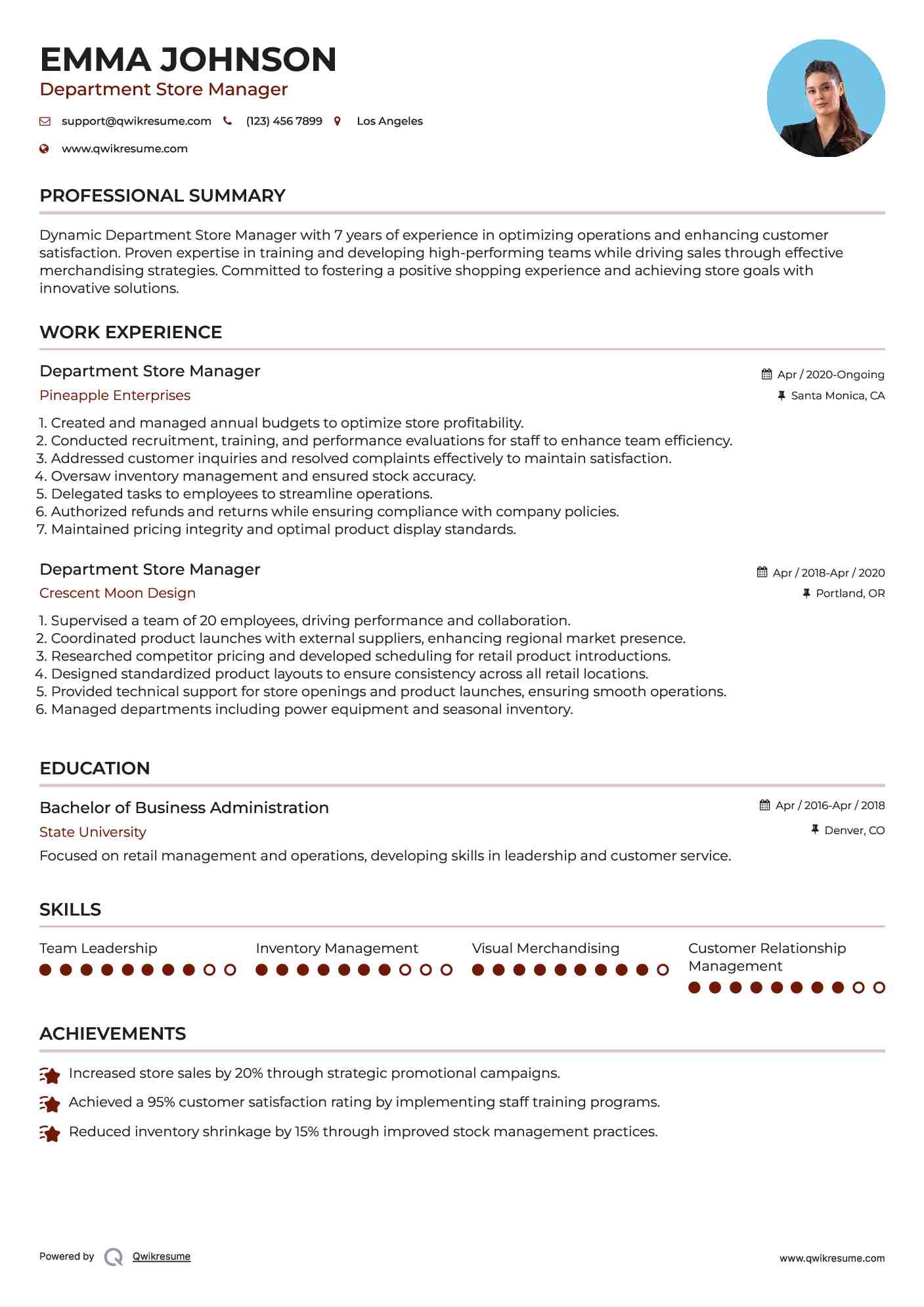 Department Store Manager Resume Format