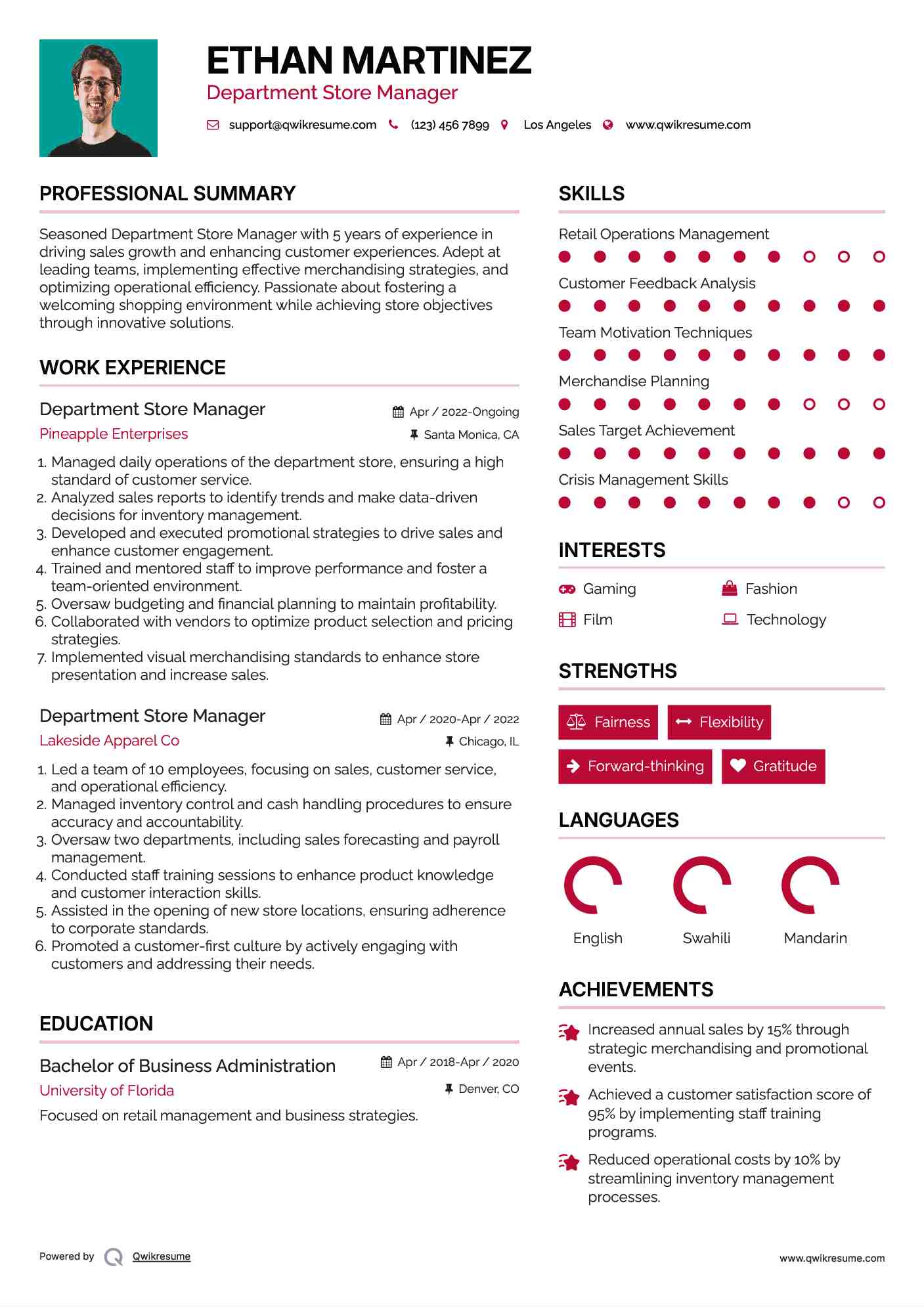 Department Store Manager Resume Format