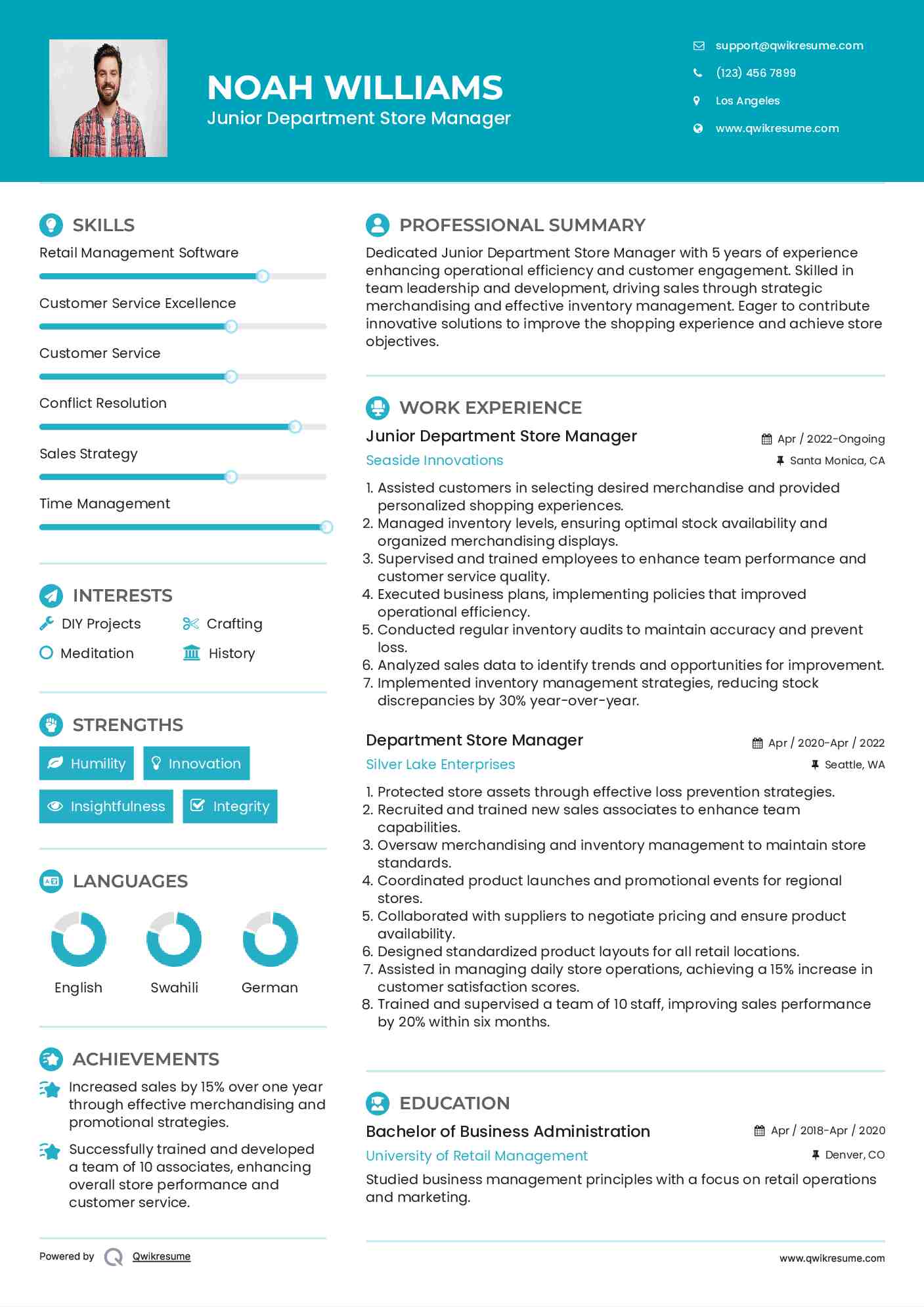 Junior Department Store Manager Resume Example