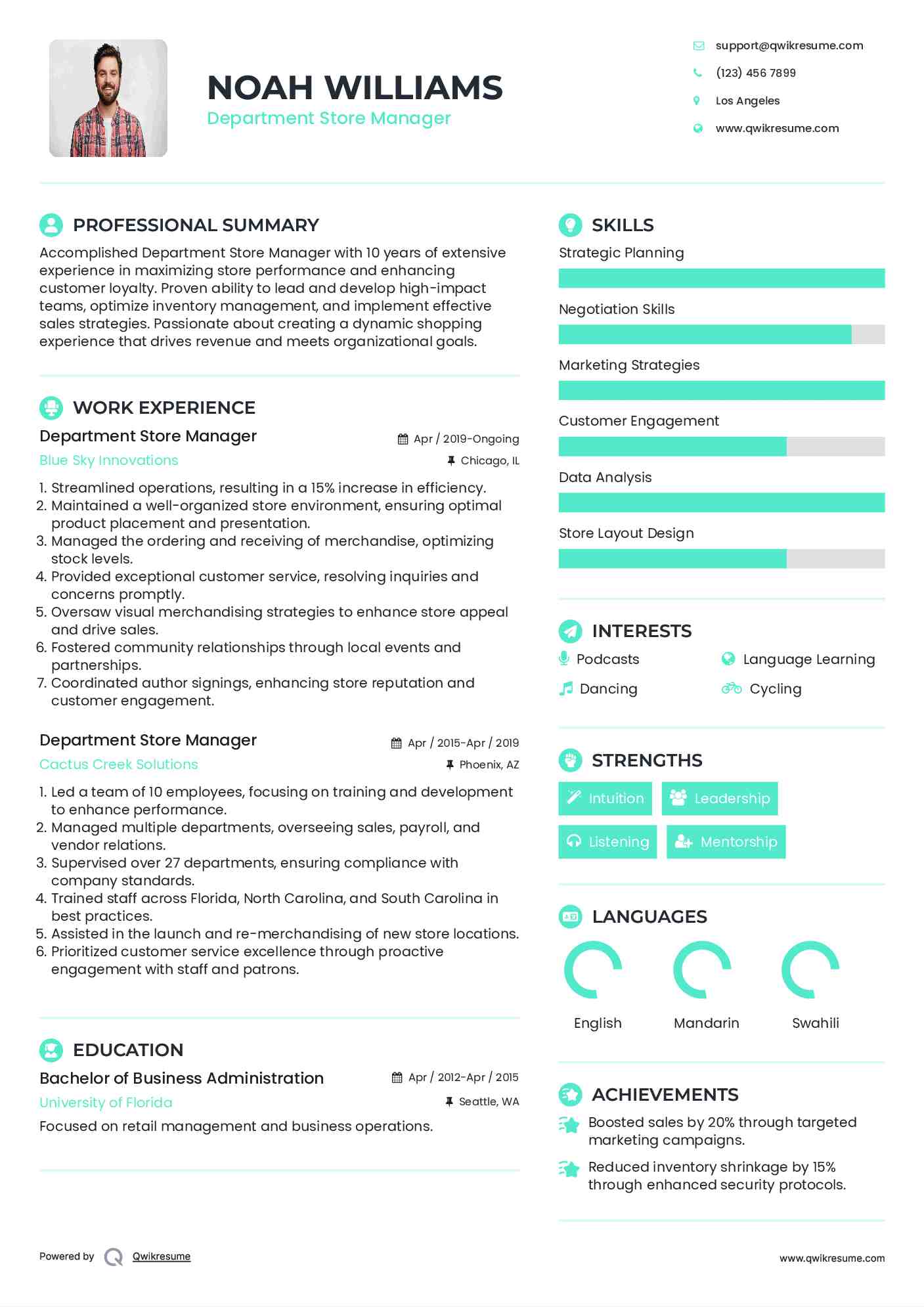 Department Store Manager Resume Model
