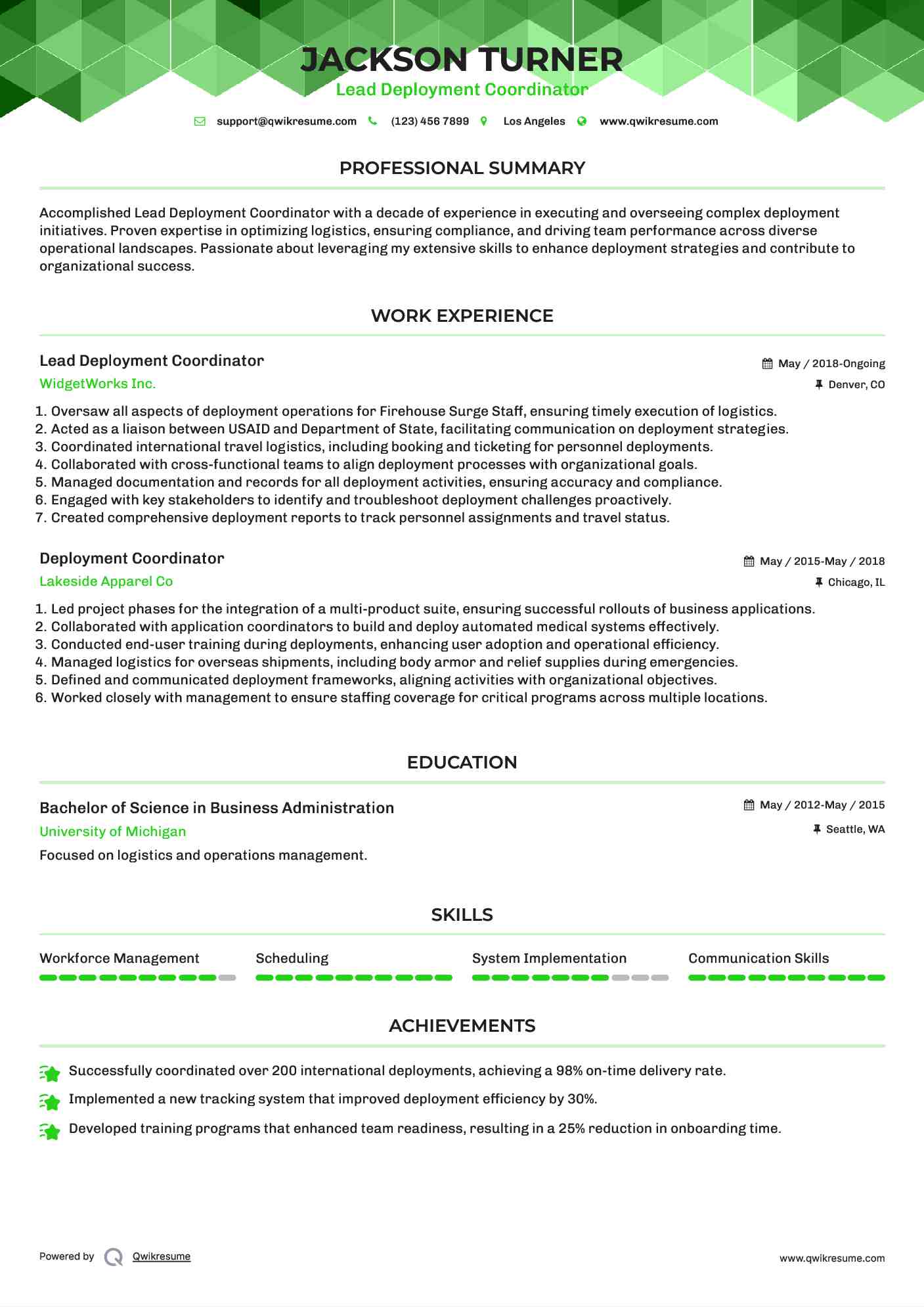 Lead Deployment Coordinator Resume Sample