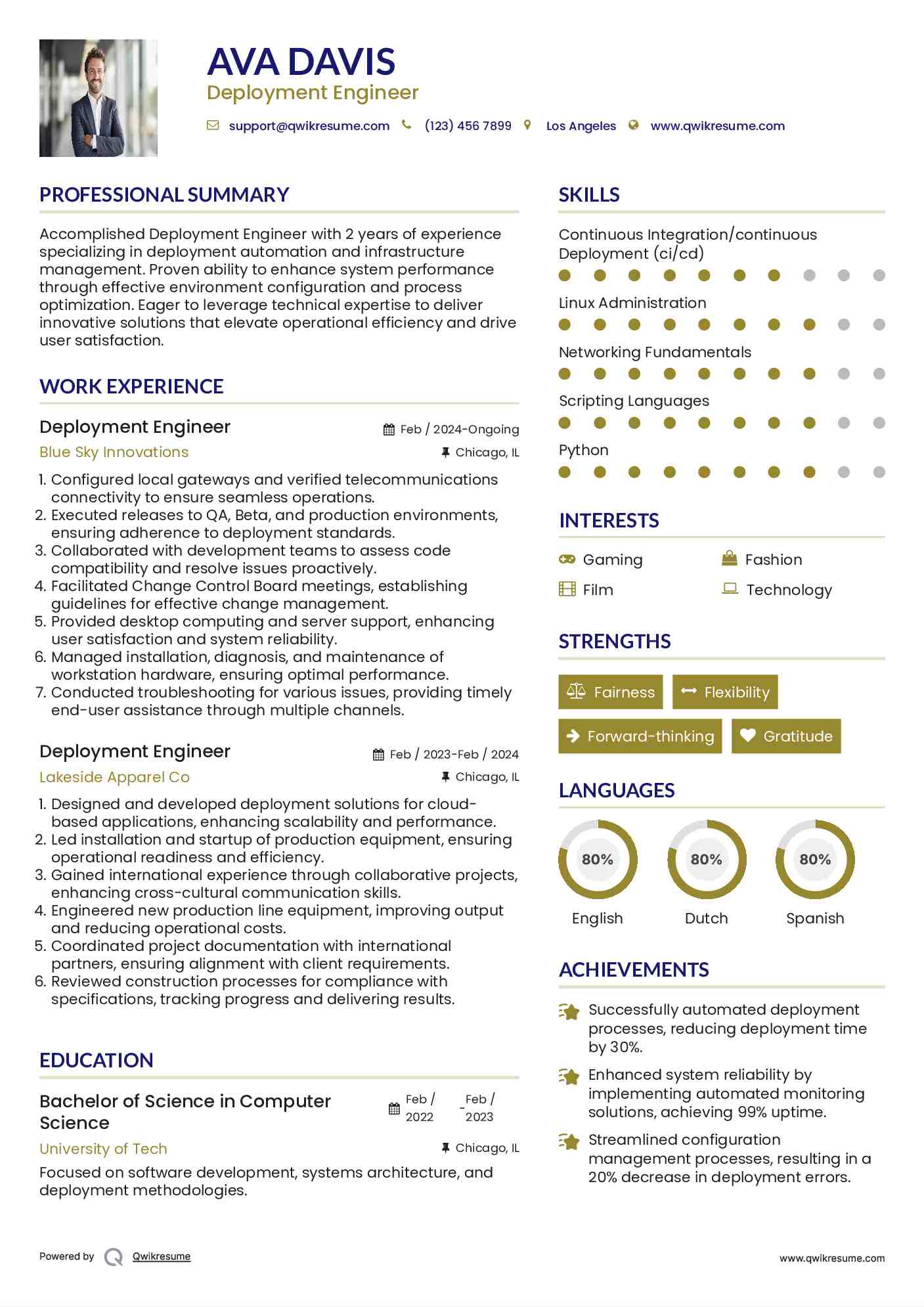 Deployment Engineer Resume Sample