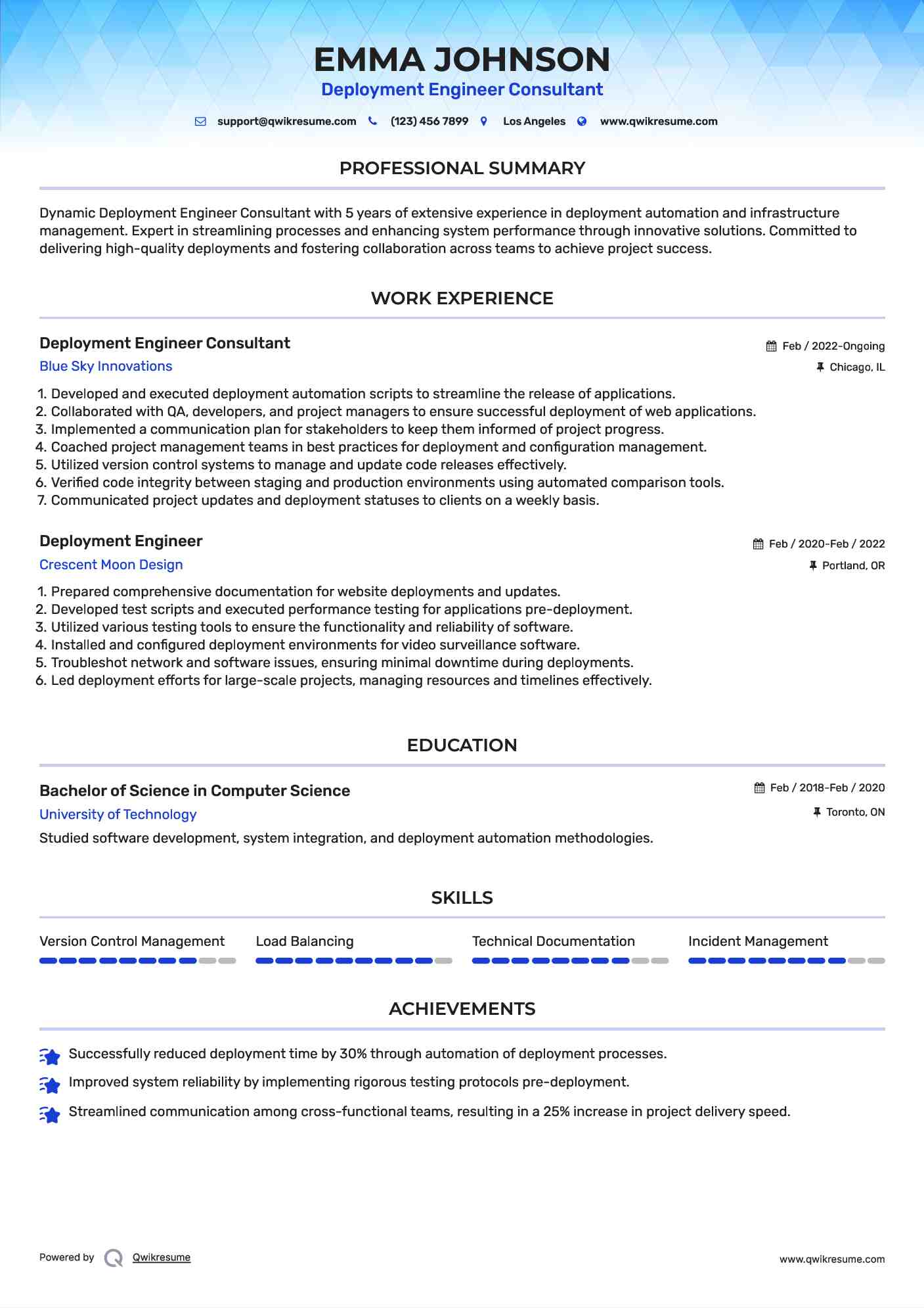 Deployment Engineer Consultant Resume Sample