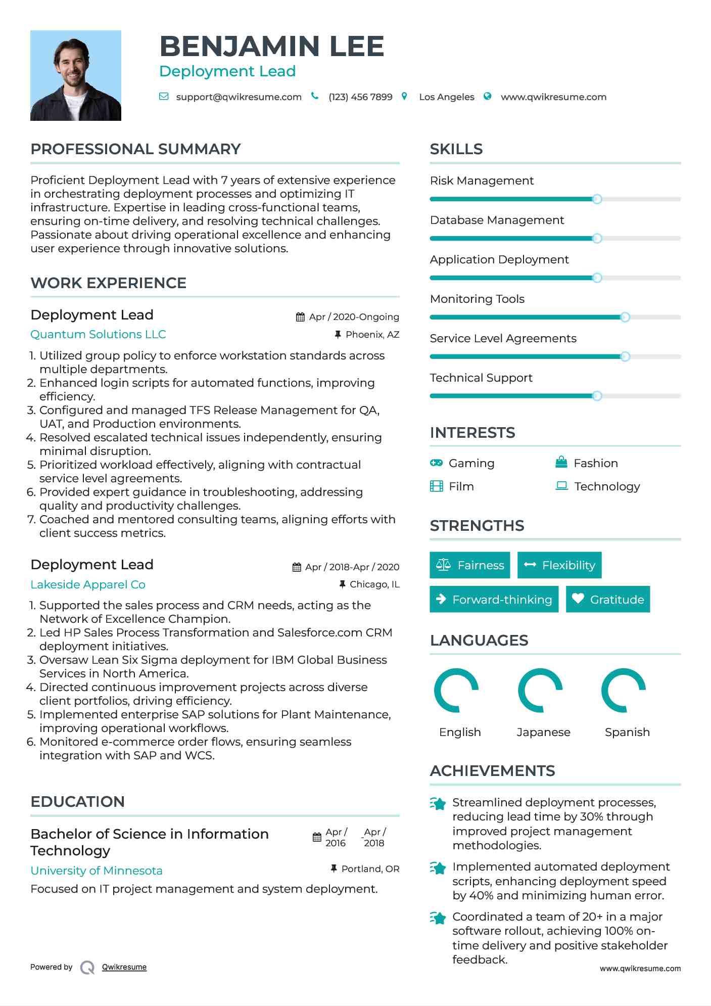 Deployment Lead Resume Sample