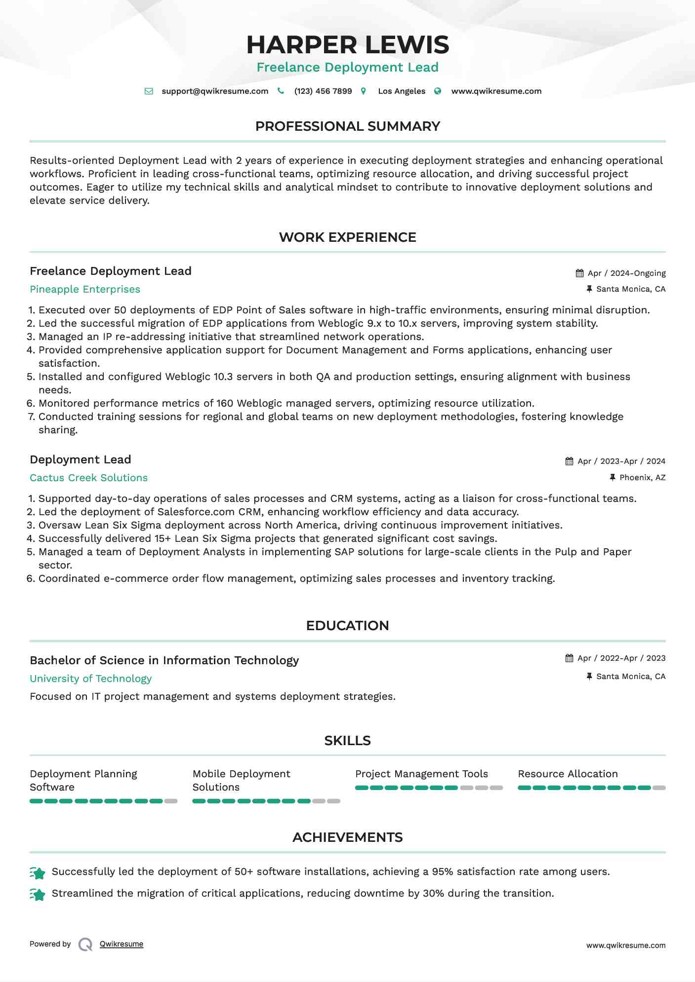 Freelance Deployment Lead Resume Example