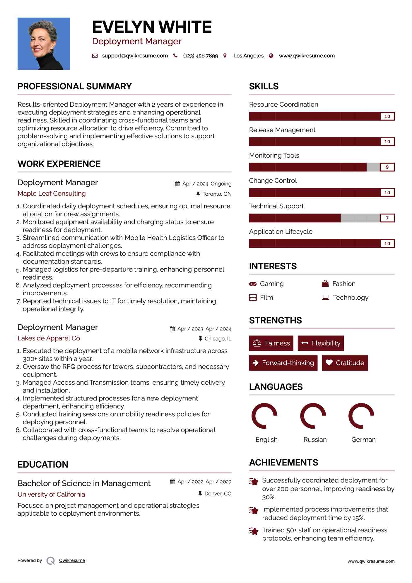Deployment Manager Resume Sample