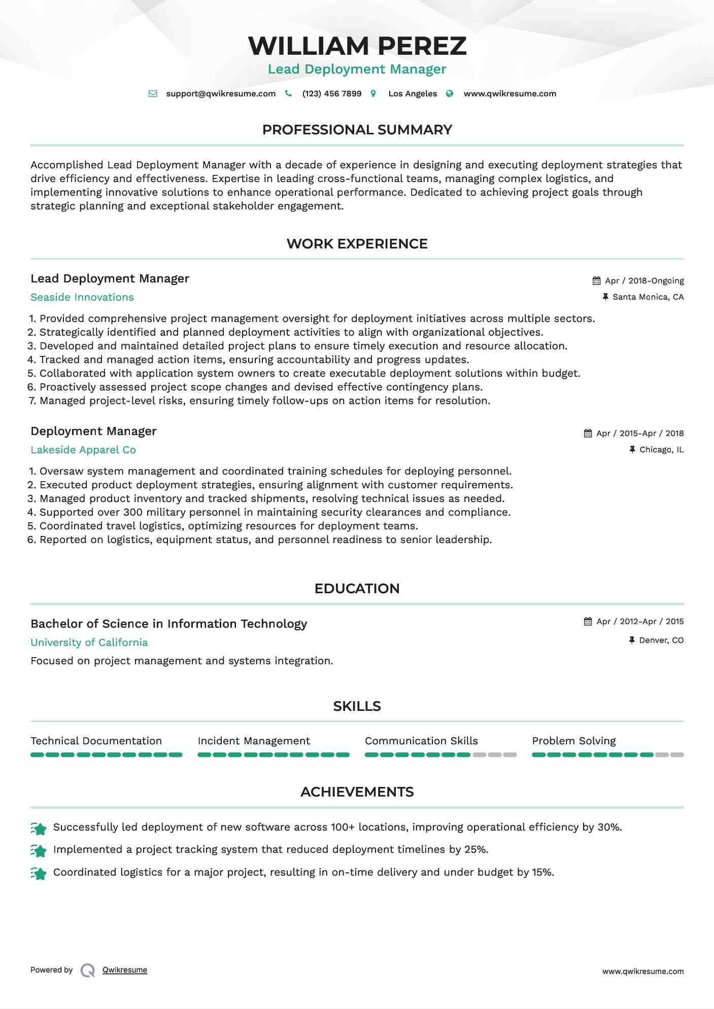 Lead Deployment Manager Resume Template