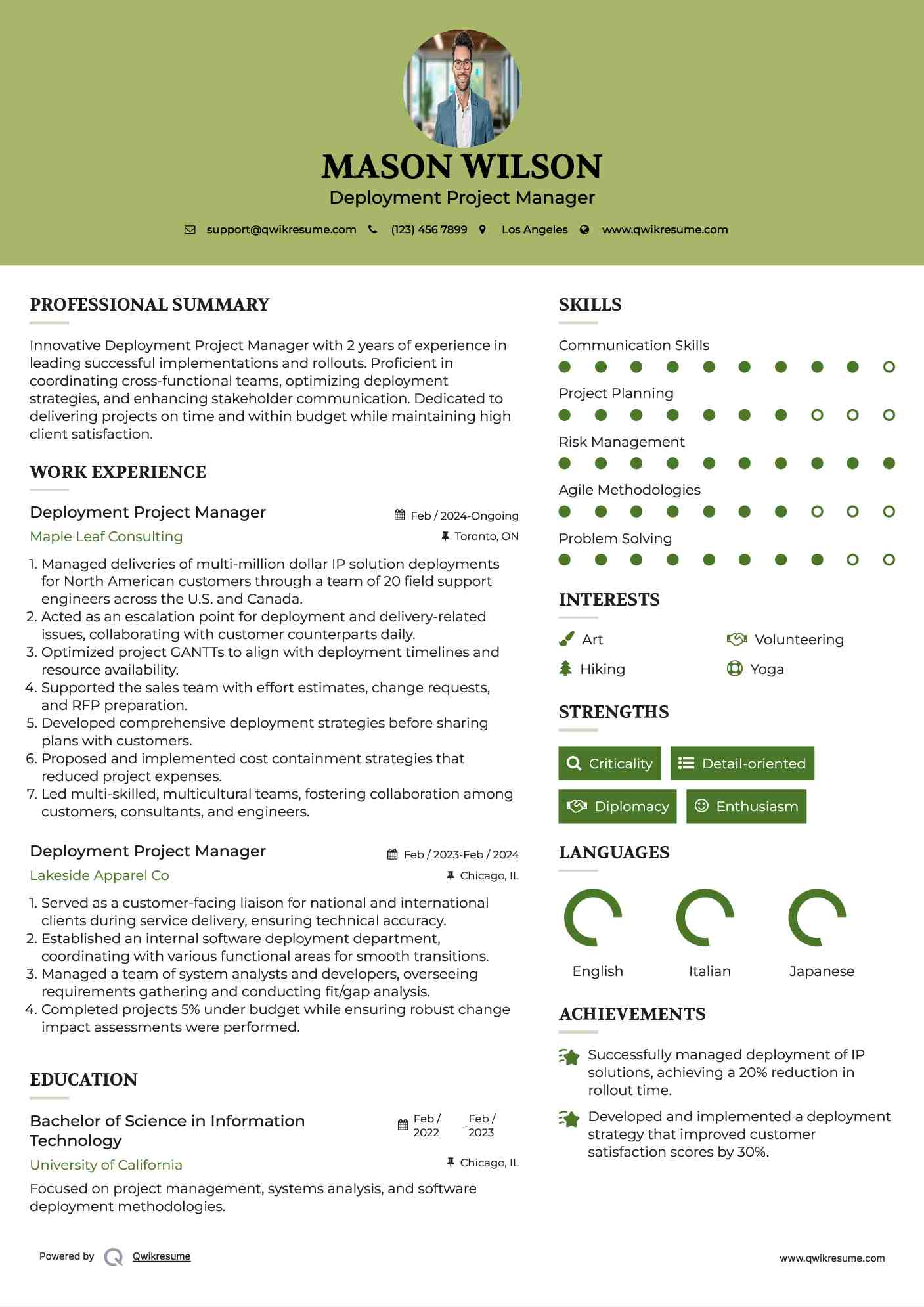 Deployment Project Manager Resume Sample