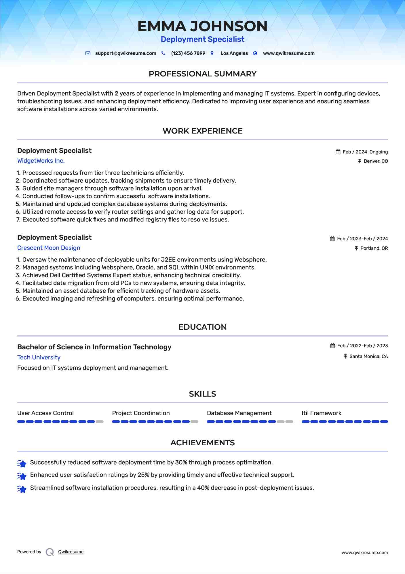 Deployment Specialist Resume Example