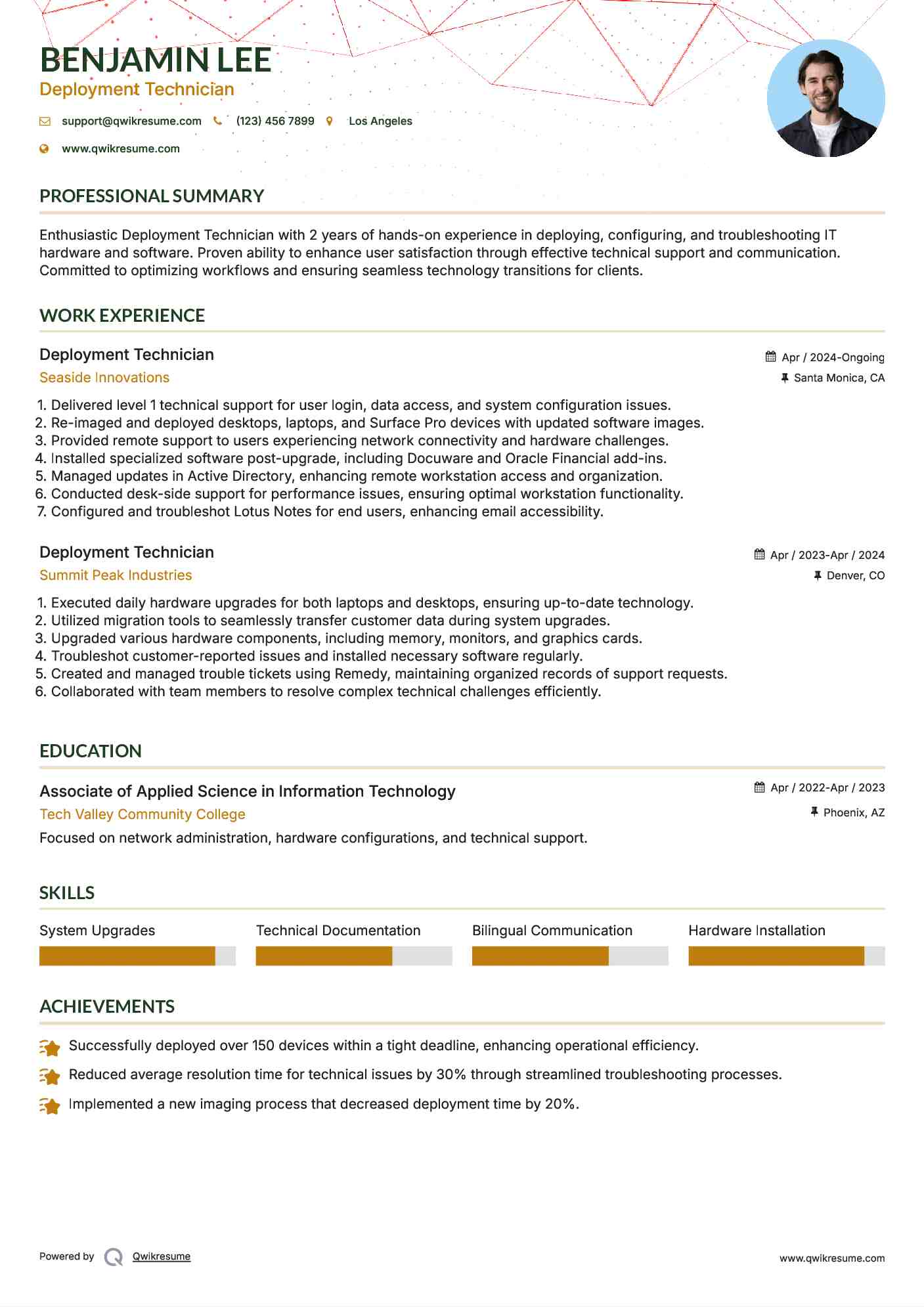 Deployment Technician Resume Example
