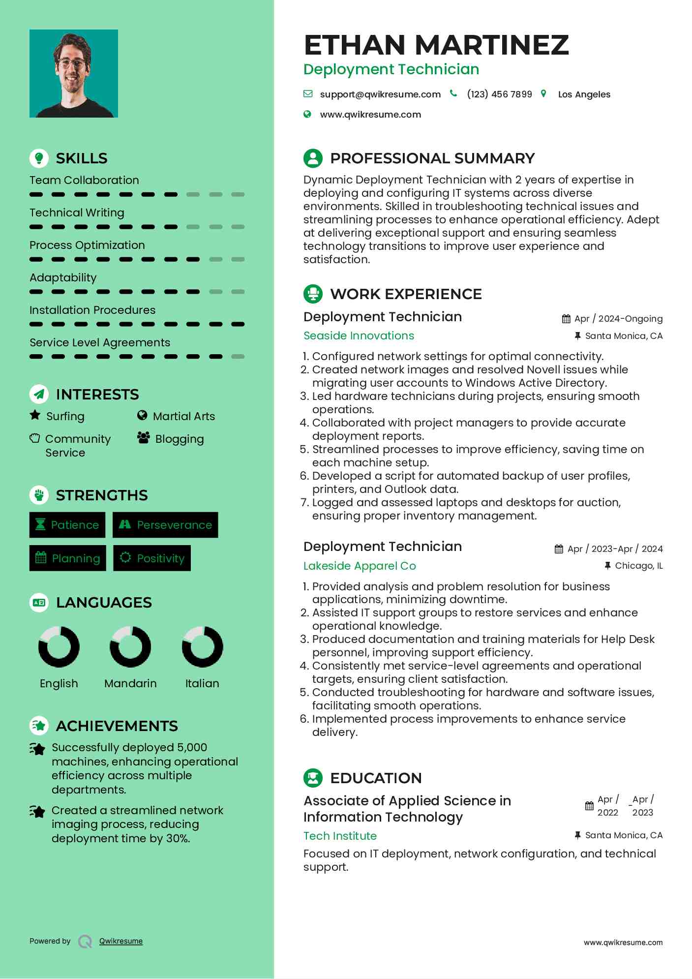 Deployment Technician Resume Example