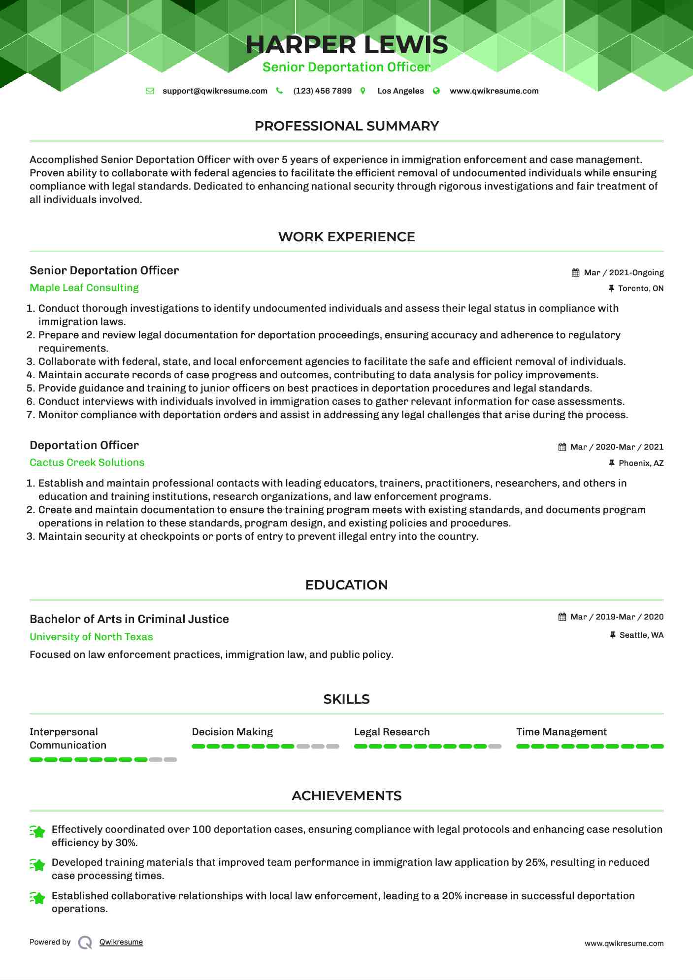 Senior Deportation Officer Resume Sample