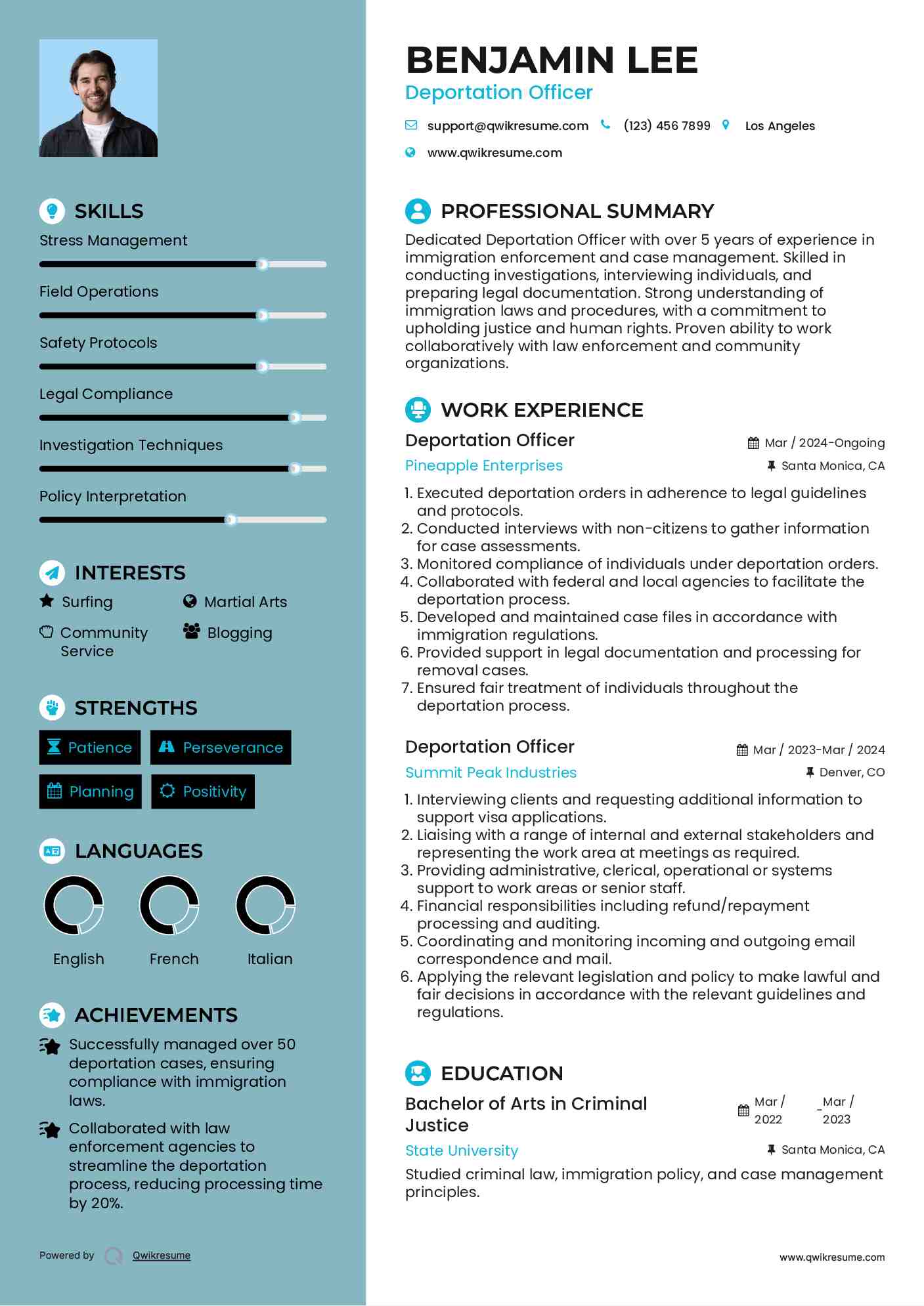 Deportation Officer Resume Sample