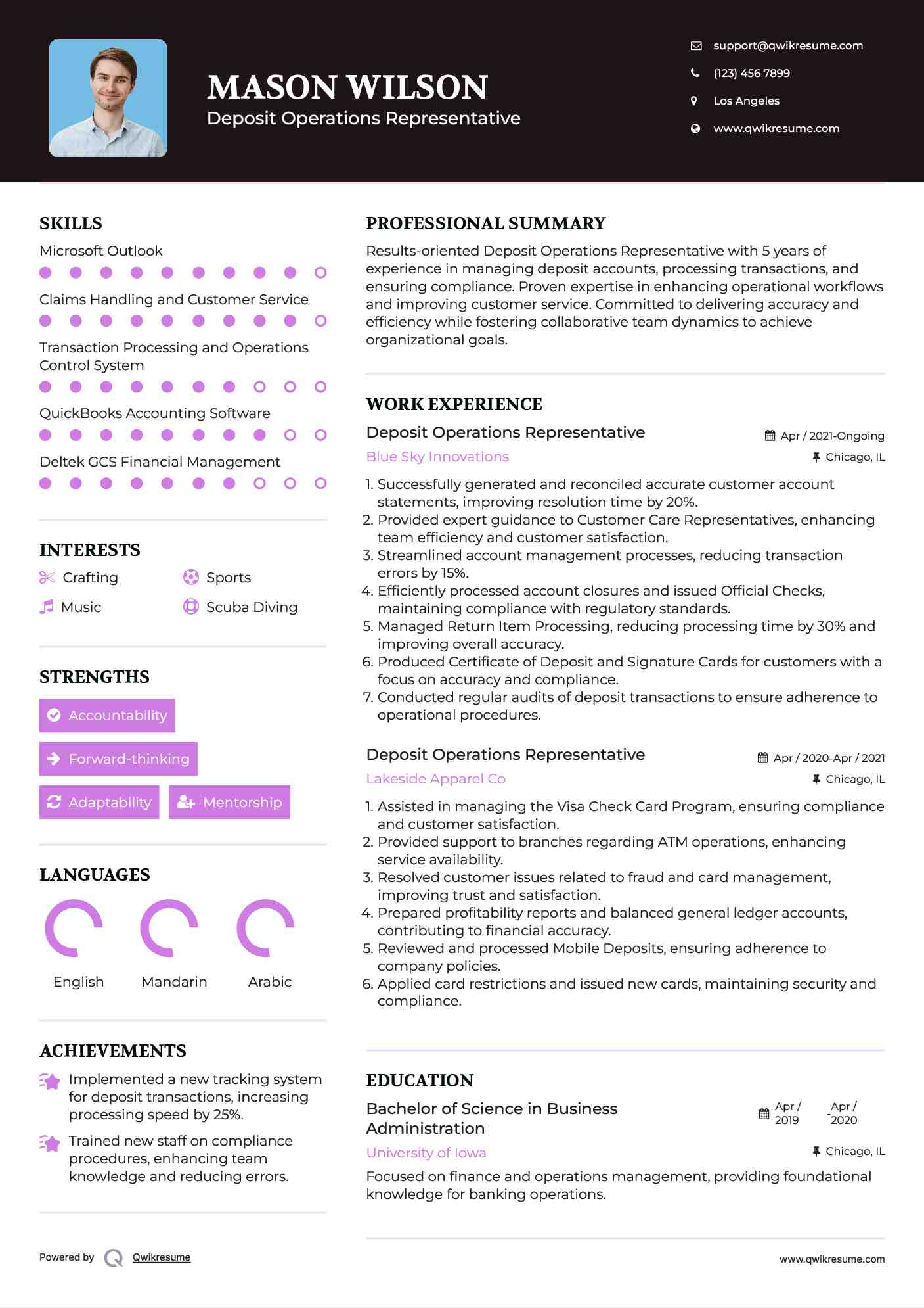 Deposit Operations Representative Resume Model