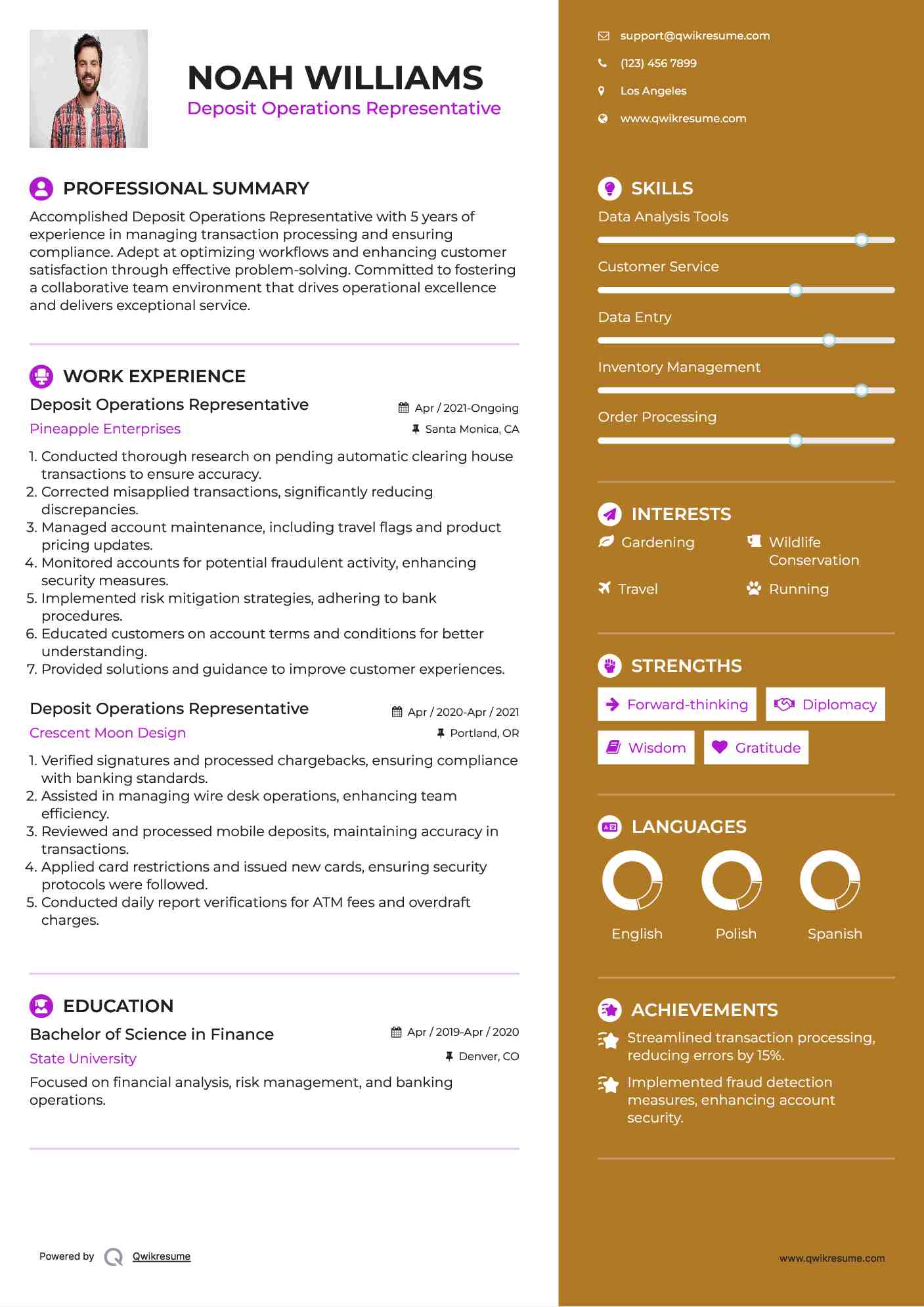 Deposit Operations Representative Resume Example