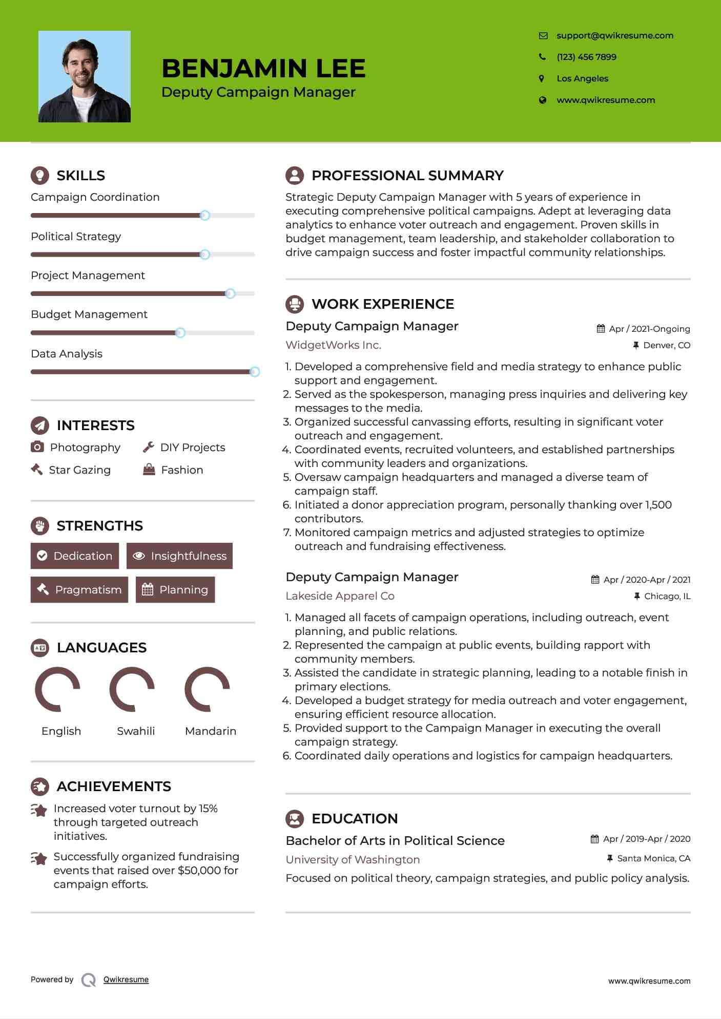 Deputy Campaign Manager Resume Example