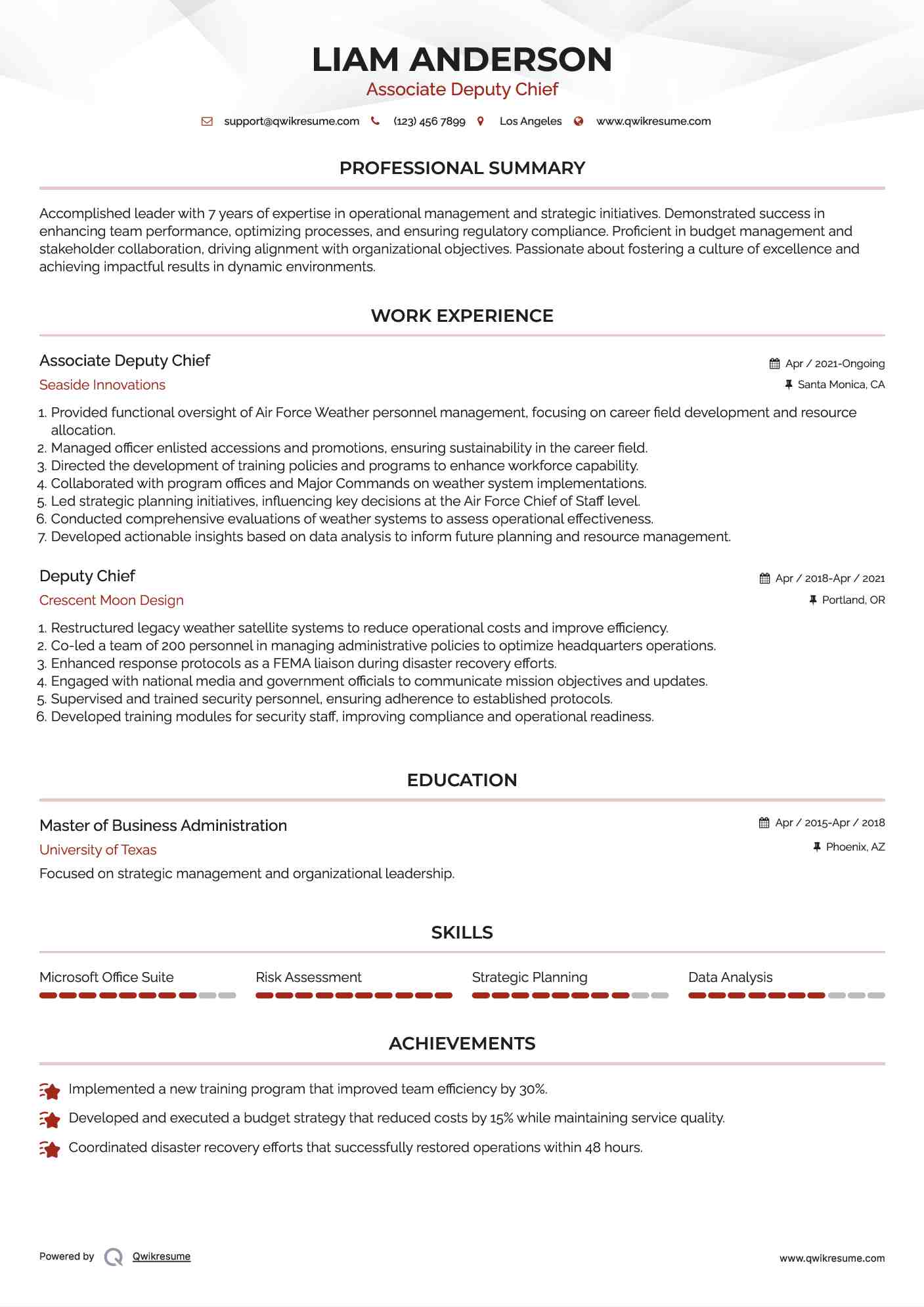 Associate Deputy Chief
 Resume Example
