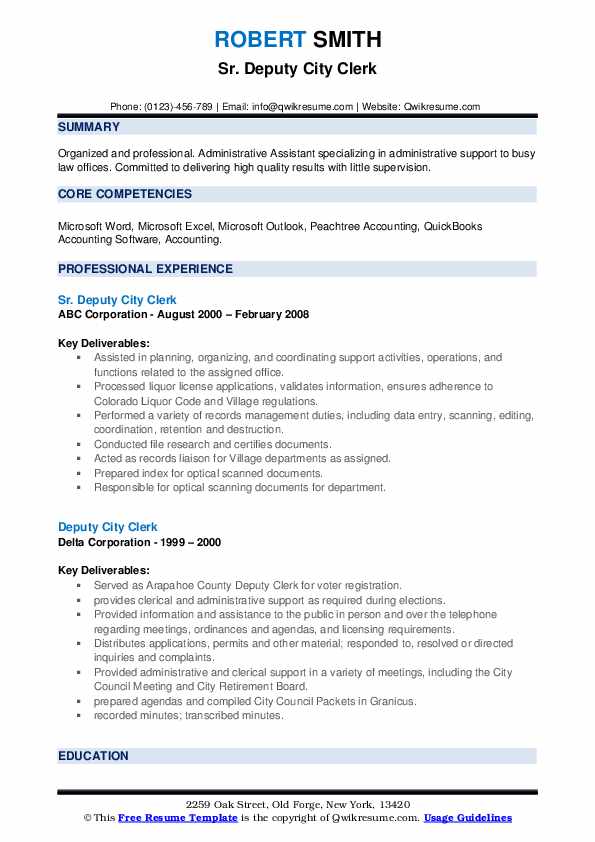 Deputy City Clerk Resume Samples QwikResume