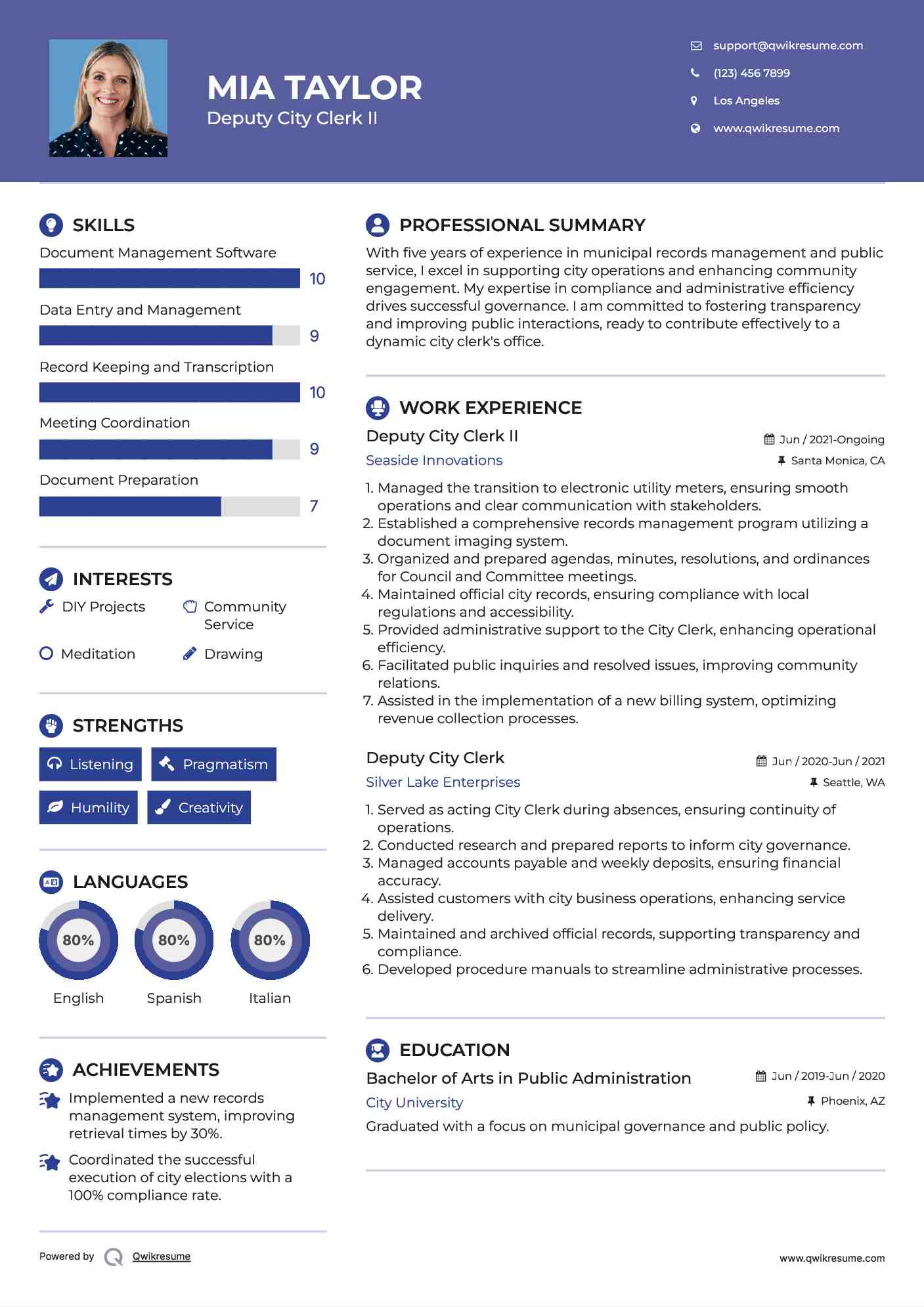 Deputy City Clerk II Resume Model