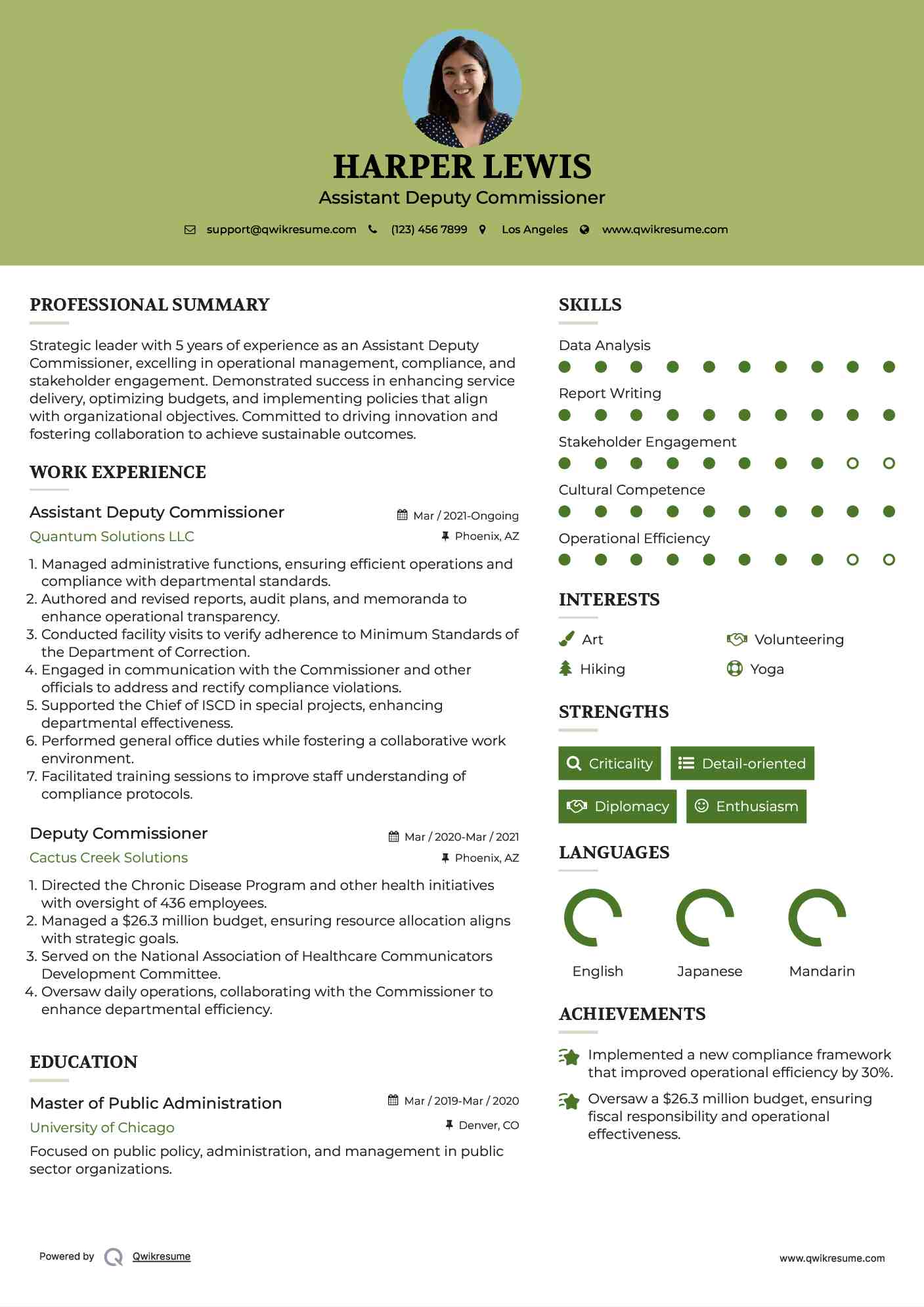 Assistant Deputy Commissioner Resume Model