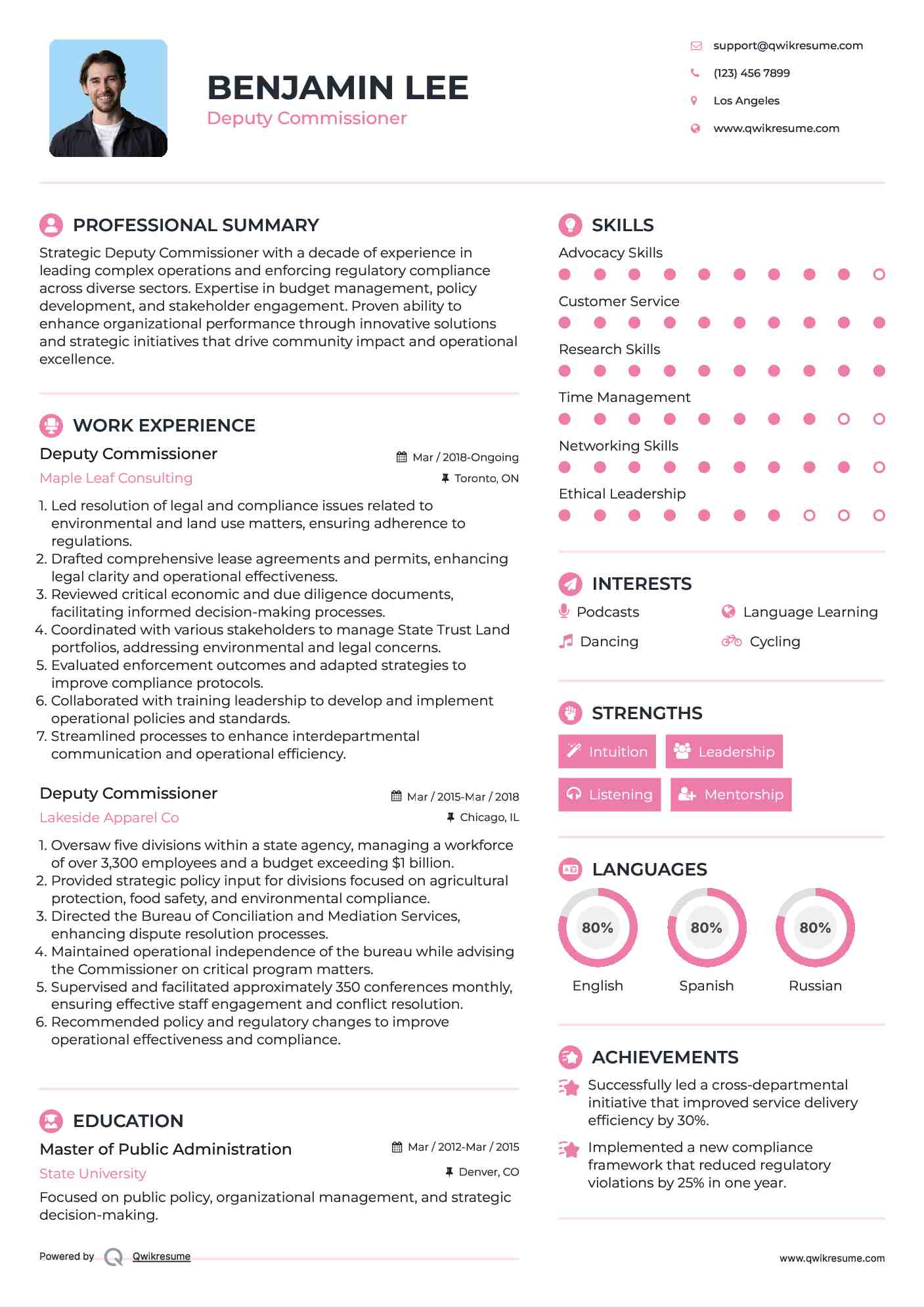 Deputy Commissioner Resume Template