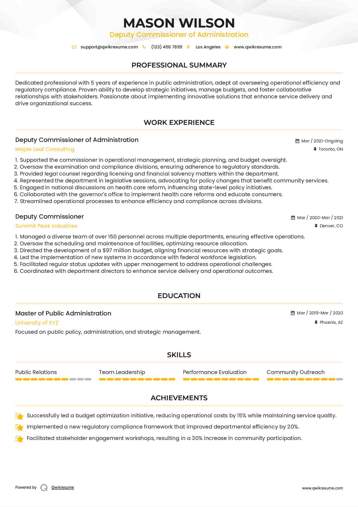 Deputy Commissioner of Administration Resume Format