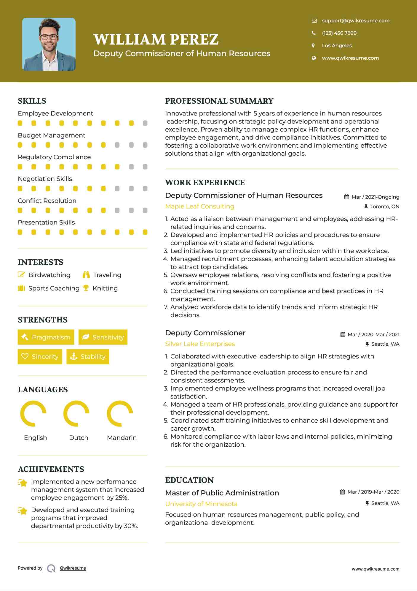 Deputy Commissioner of Human Resources Resume Sample