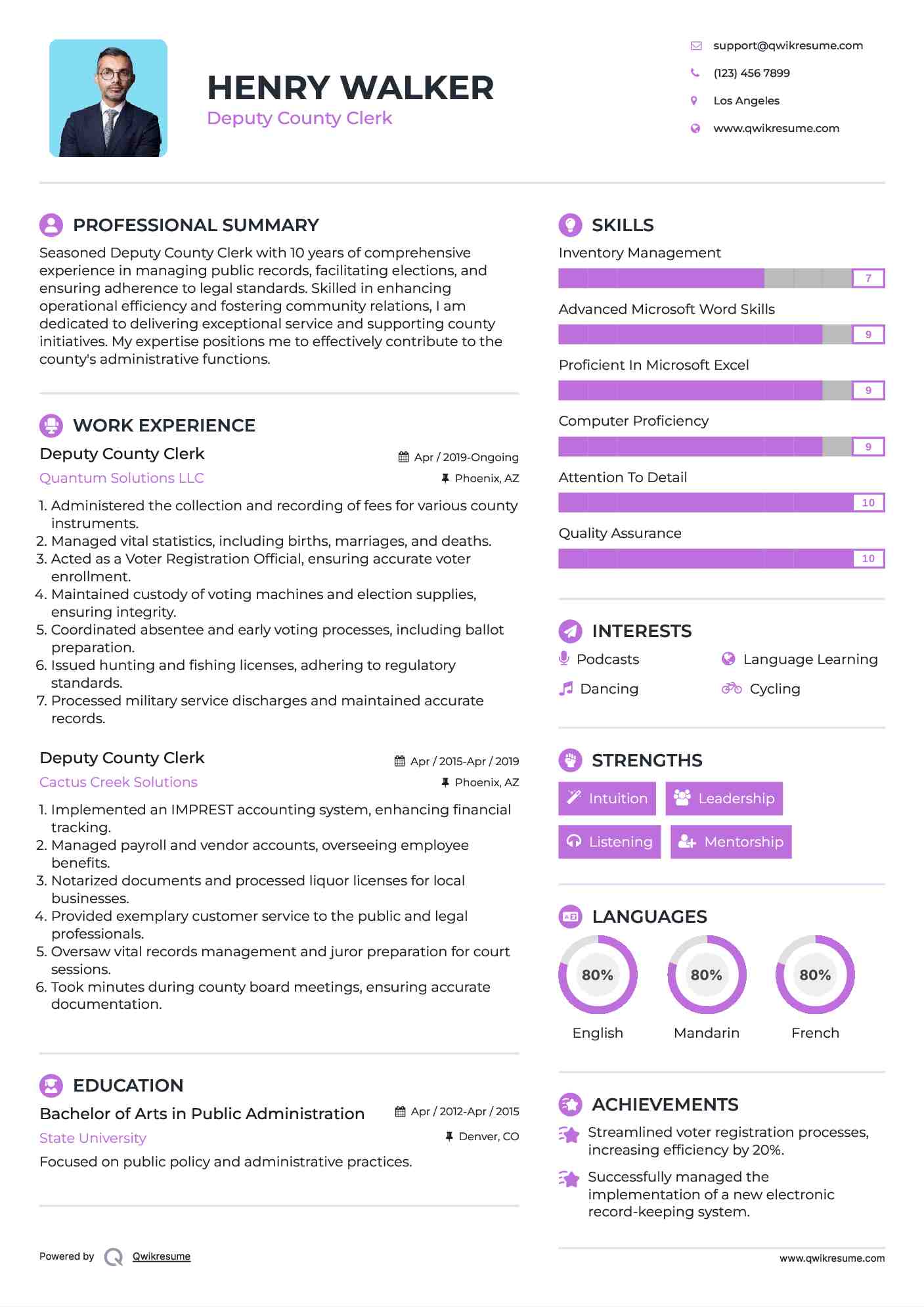 Deputy County Clerk Resume Sample