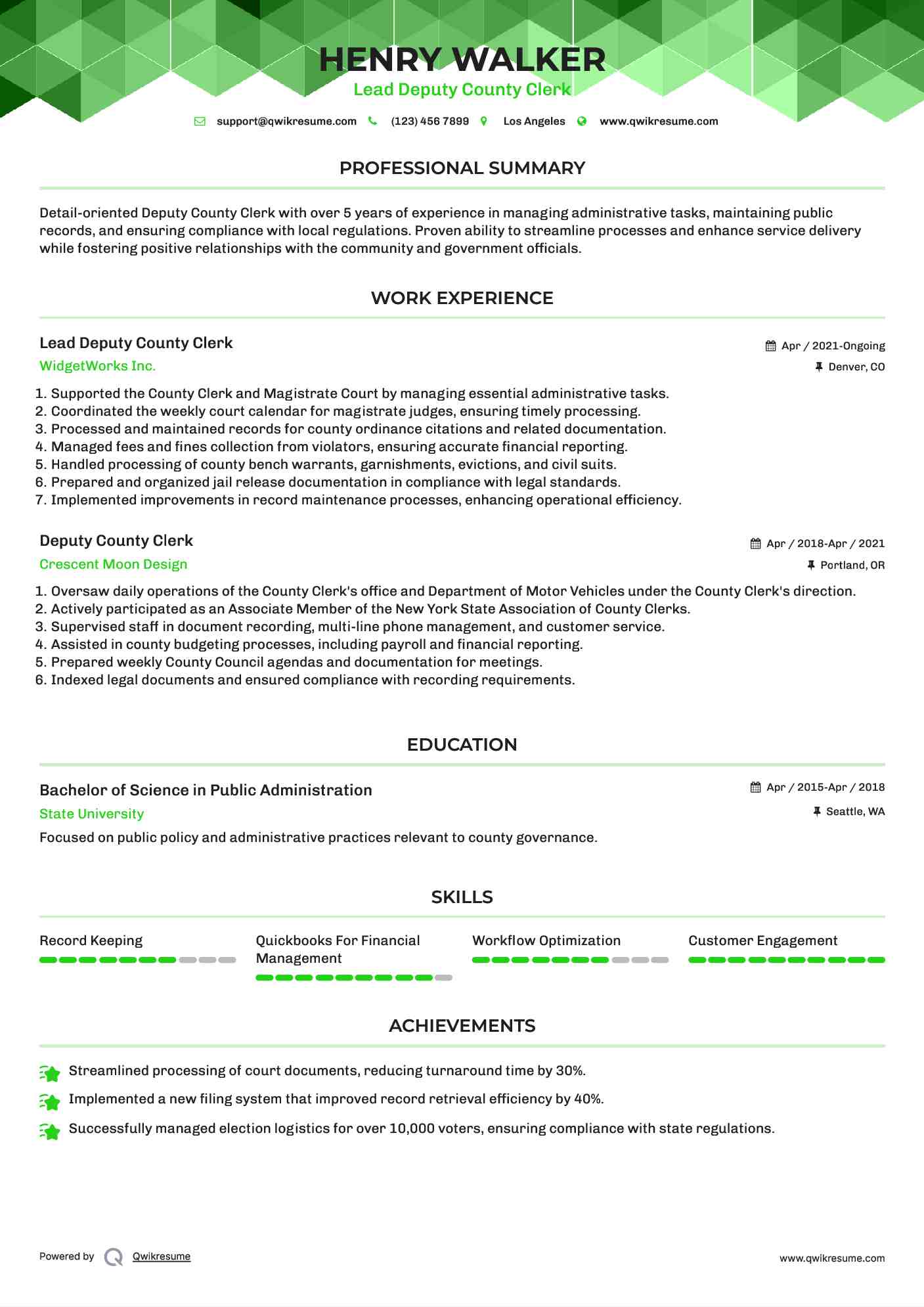 Lead Deputy County Clerk Resume Template