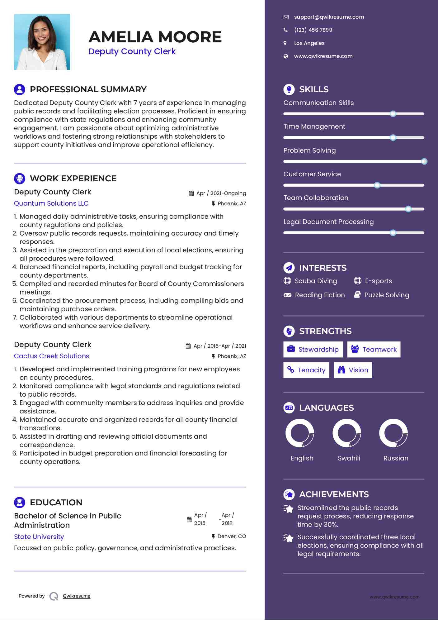 Deputy County Clerk Resume Sample